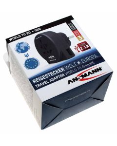 ANSMANN universal Reiseadapter Reisestecker World to EU + USB, mit Schutzleiter und USB Ladeanschluss
