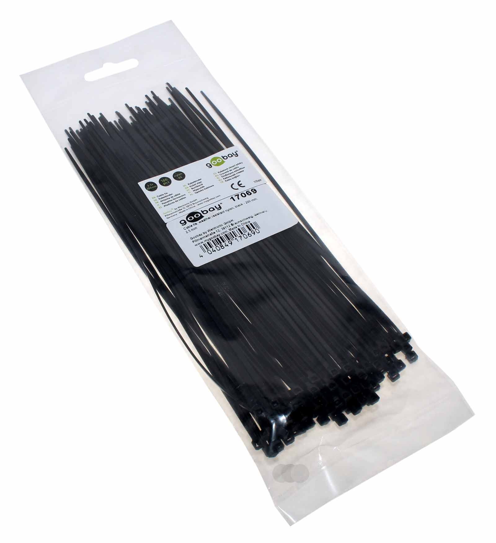 100 Stück Kabelbinder 200 x 2,5mm, wetterfestes Nylon, schwarz, Goobay 17069