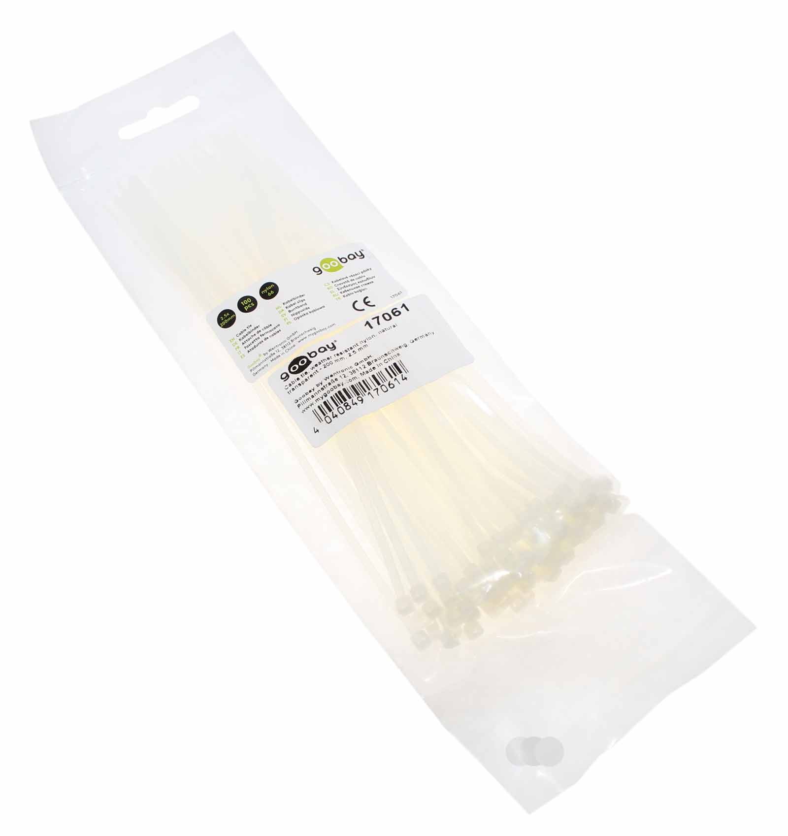 100 Stück Kabelbinder 200 x 2,5mm, wetterfestes Nylon, weiss transparent, Goobay 17061