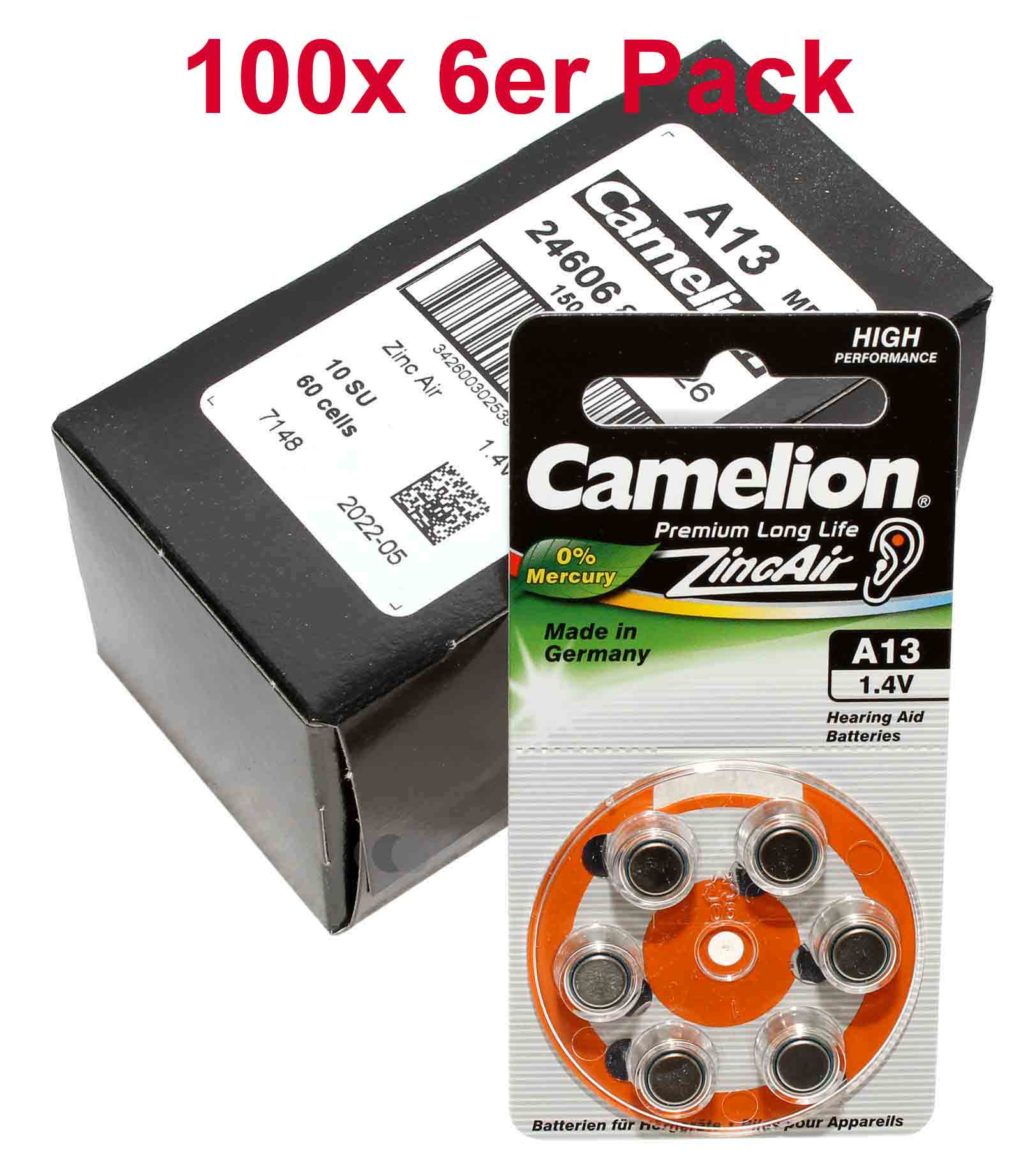 BB 01.24 - 600x [100x 6er Pack] Camelion Knopfzelle (Batterie) A13, PR48, A13-BP6, für Hörgeräte, 1,4V, 280mAh