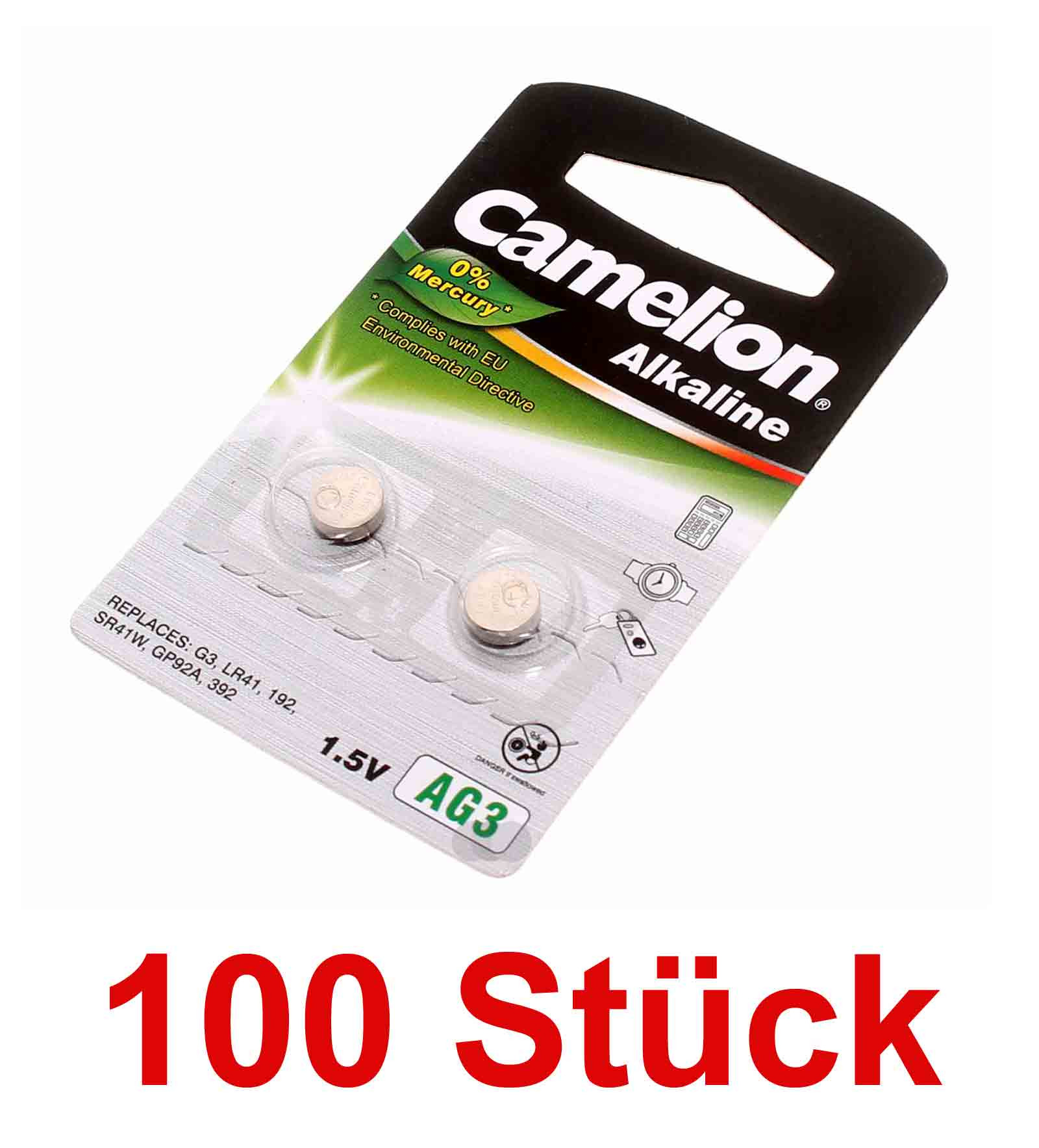 100 Stück 2er Pack Camelion AG3 Alkaline 1,5V Knopfzelle Batterie AG3, LR41, 192, SR41W, GP92A, 392, 28mAh