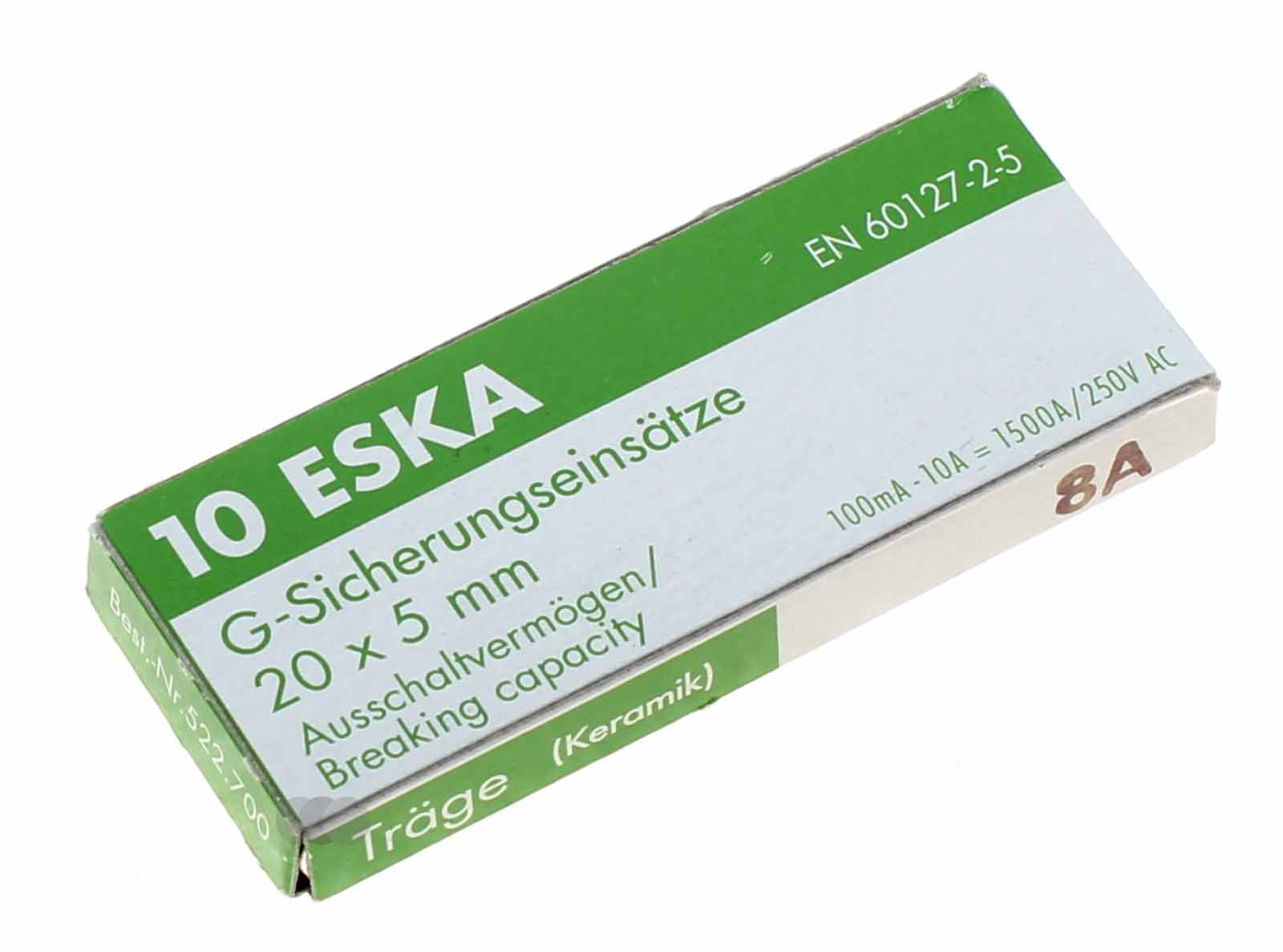10 Stück Feinsicherung ESKA G-Sicherungseinsatz 20x5mm träge (Keramik), 60127-2-5, 522.700, 8A, 250V