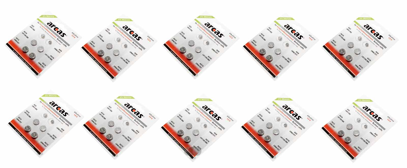 10x 6er Arcas Knopfzellen Batterie Alkaline 1,5V  AG3, AG4, AG10, AG13, LR41/392, LR66/377, LR1130/389, LR44/357