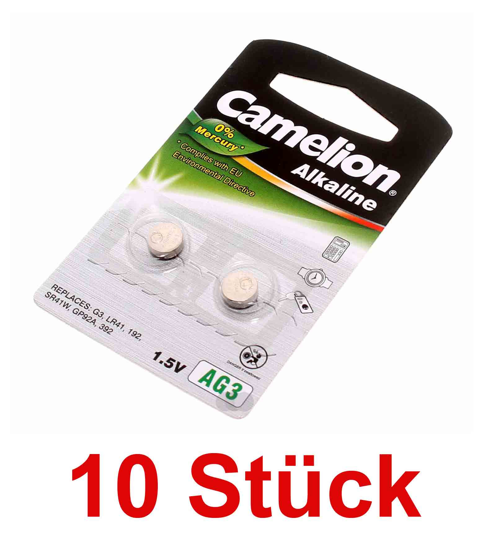10 Stück 2er Pack Camelion AG3 Alkaline 1,5V Knopfzelle Batterie AG3, LR41, 192, SR41W, GP92A, 392, 28mAh