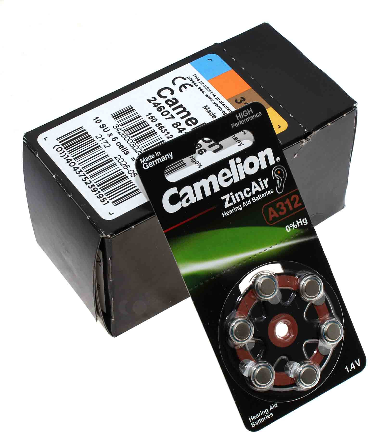 10 x 6er Pack Camelion Knopfzelle, Batterie, A312, PR41, A312-BP6, 1,4V, 160mAh, für Hörgeräte 