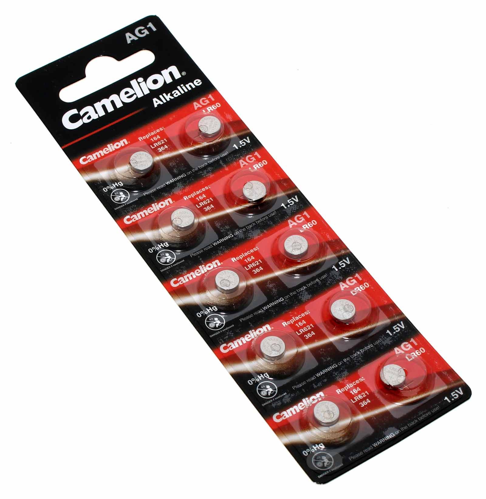 10x Camelion AG1 LR60 Knopfzelle Batterie 280-34, 164, 1GA, GP164, G1A, LR621, L621, SG1, SB-AG, V1GA, 1,5V, 13mAh