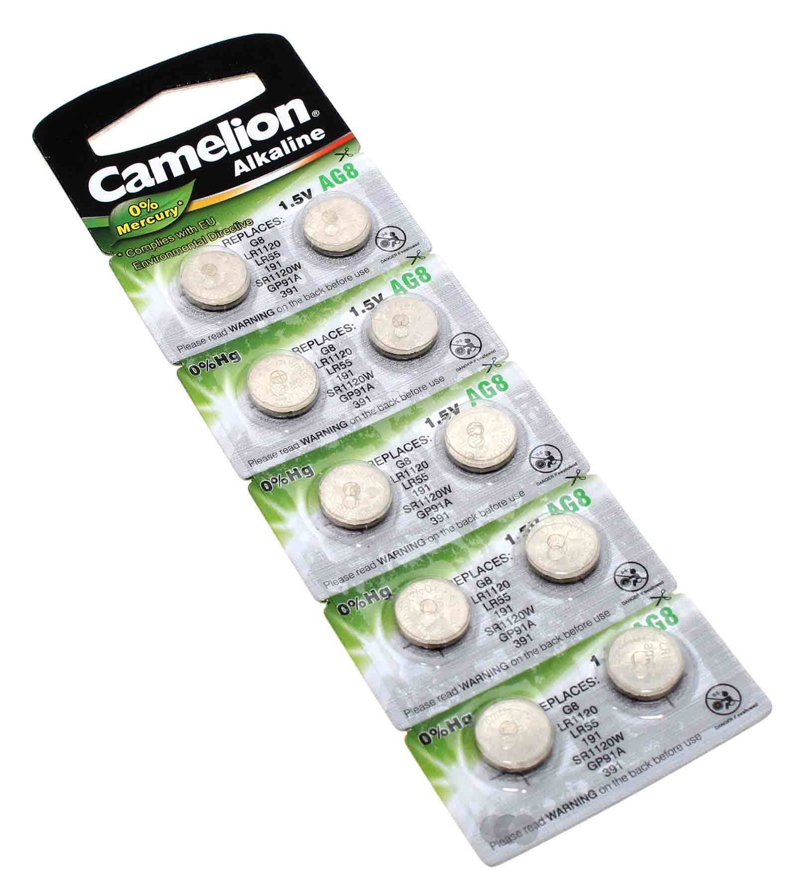 10x Camelion AG8 LR55 Alkaline Knopfzelle Batterie G8, LR1120, 191, GP91A, SR1120W, 1,5V, 42mAh
