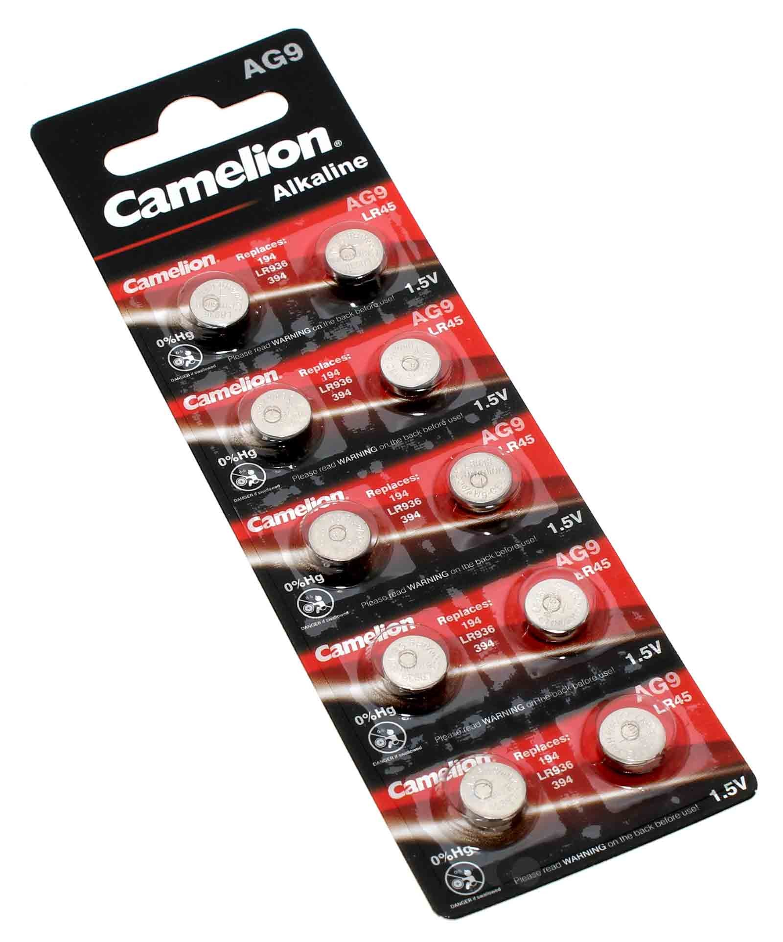 10x Camelion AG9 LR45 Alkaline Knopfzelle Batterie, G9A, 9GA, LR936, SG9, V9GA, 1,5V, 50mAh
