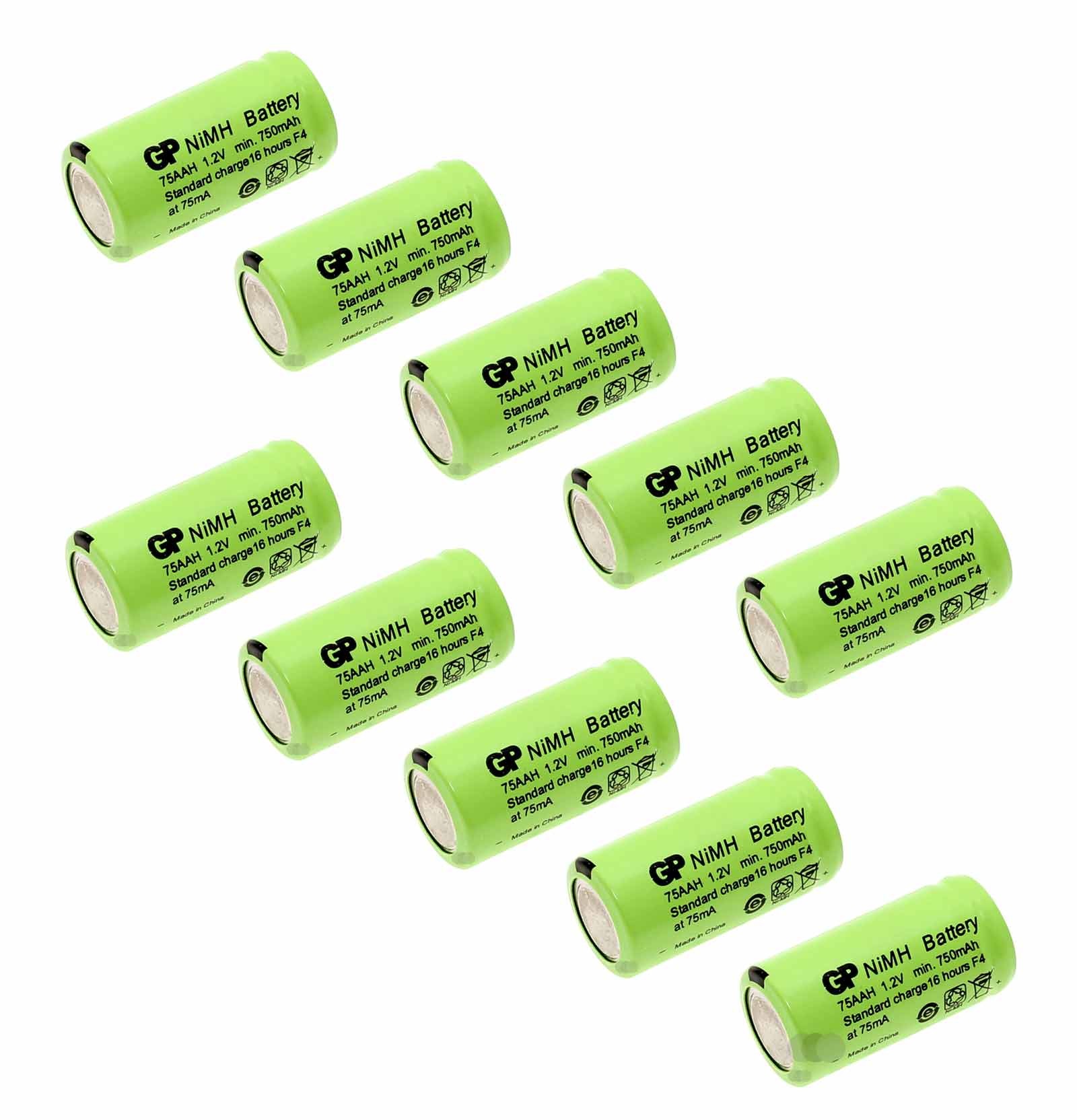 10x GP GP75AAH 2/3AA Mignon NiMH Akku, Flattop Industriezelle, 1,2V, 750mAh