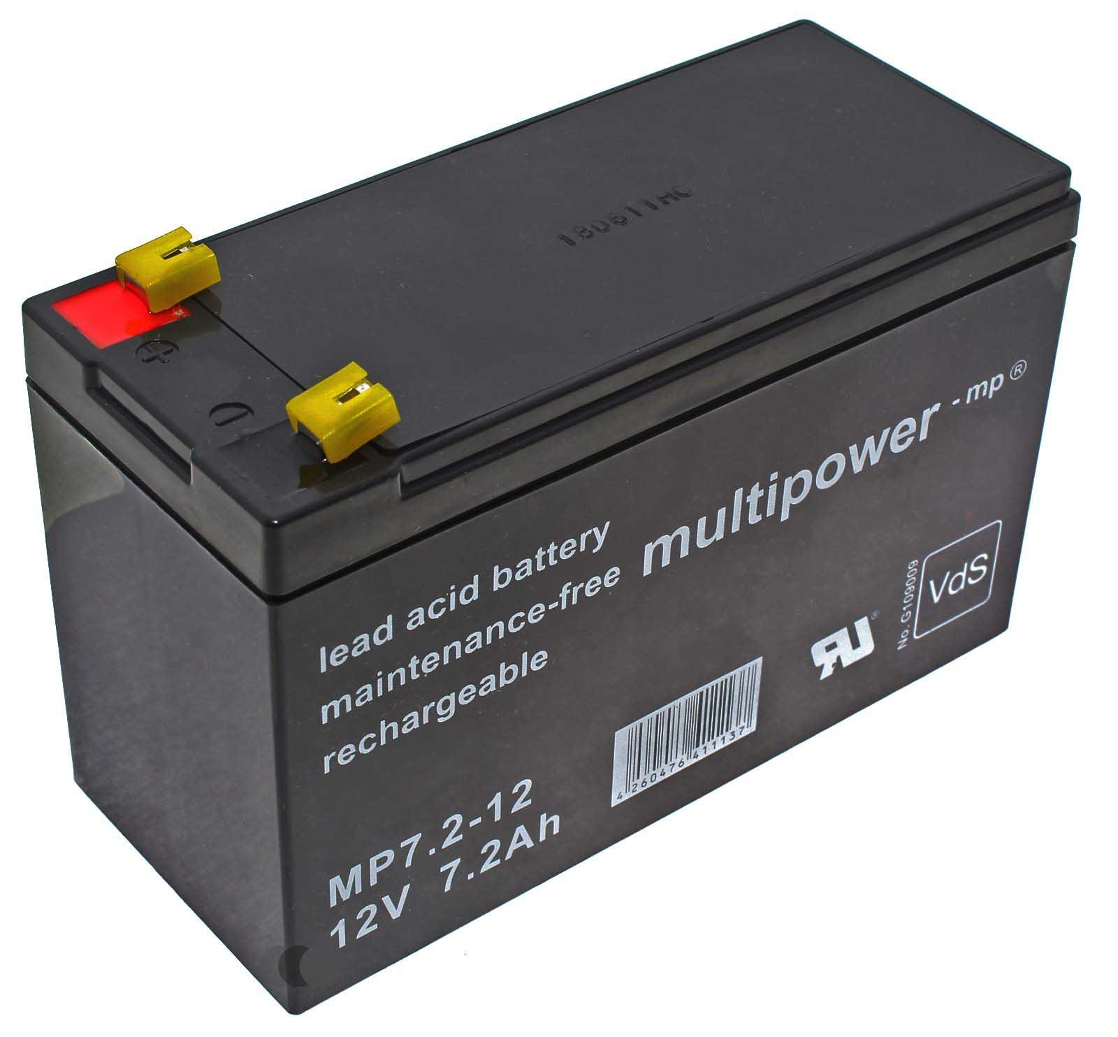 Multipower MP7.2-12 Blei Gel Akku mit 12 Volt und 7,2Ah Kapazität, Faston 4,8mm Kontakte, mit VDS Zulassung.