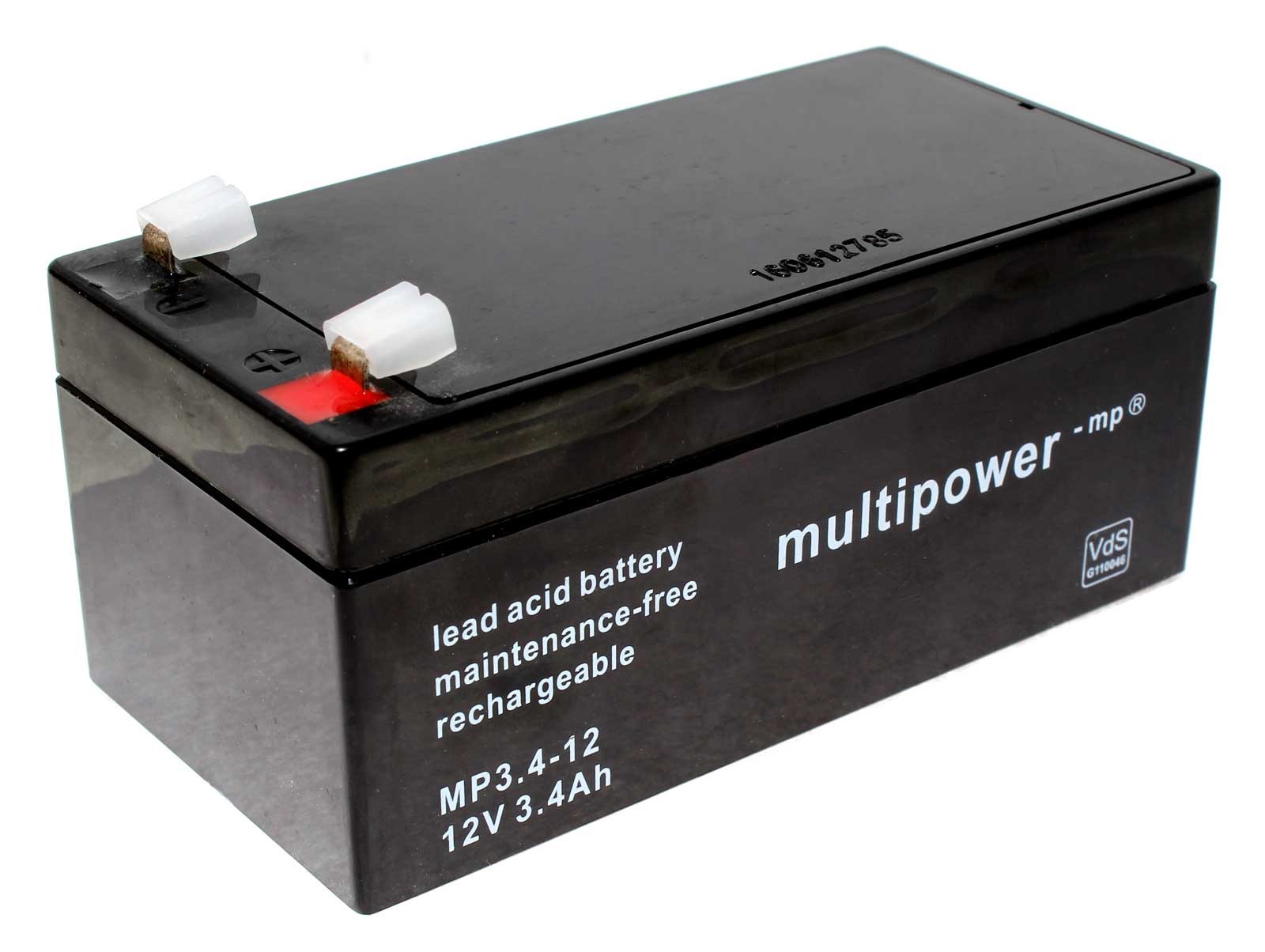 12 Volt 3,4Ah Multipower MP3.4-12 Blei Akku, VDS Zulassung, 4,8mm Faston Anschluss