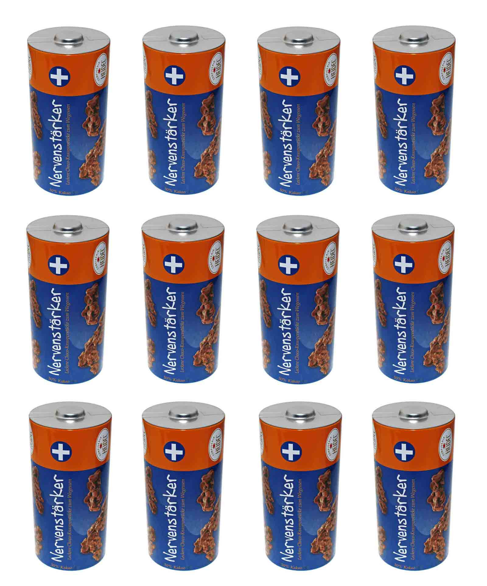 12x Heidel Nervenstärker 90g Knusperpralinen bestehend aus Schokoreis und Cornflakes mit Vollmilchschokolade, in einer batterieförmigen Metalldose