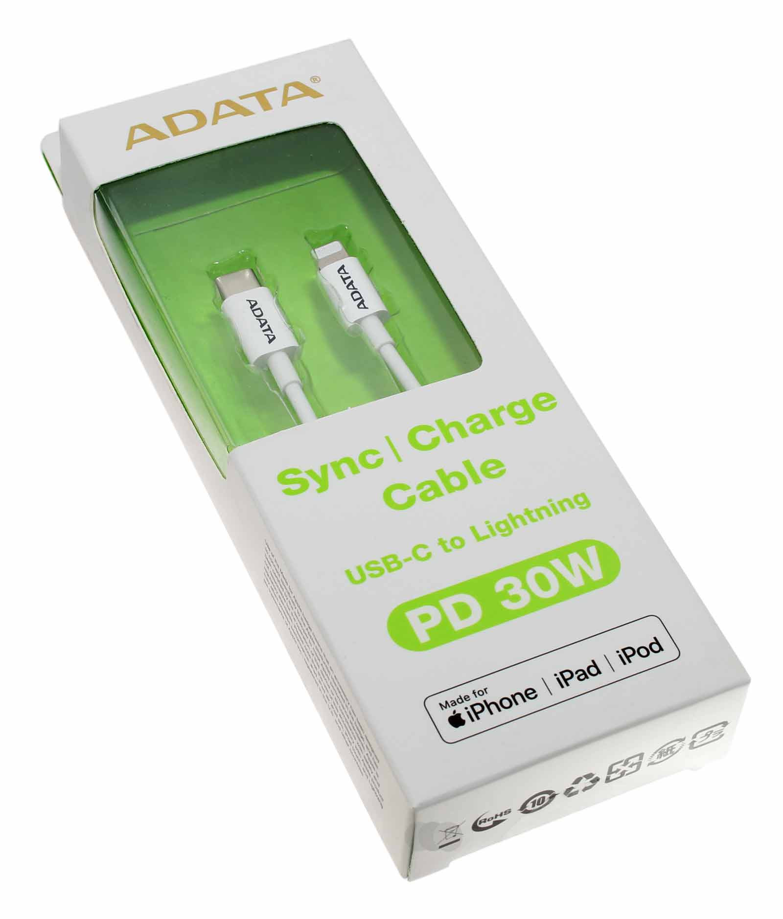 1m ADATA USB-C Lightning Daten- Ladekabel für Apple iPhone, iPad, iPod, weiss, AMFICPL-1M-CWH