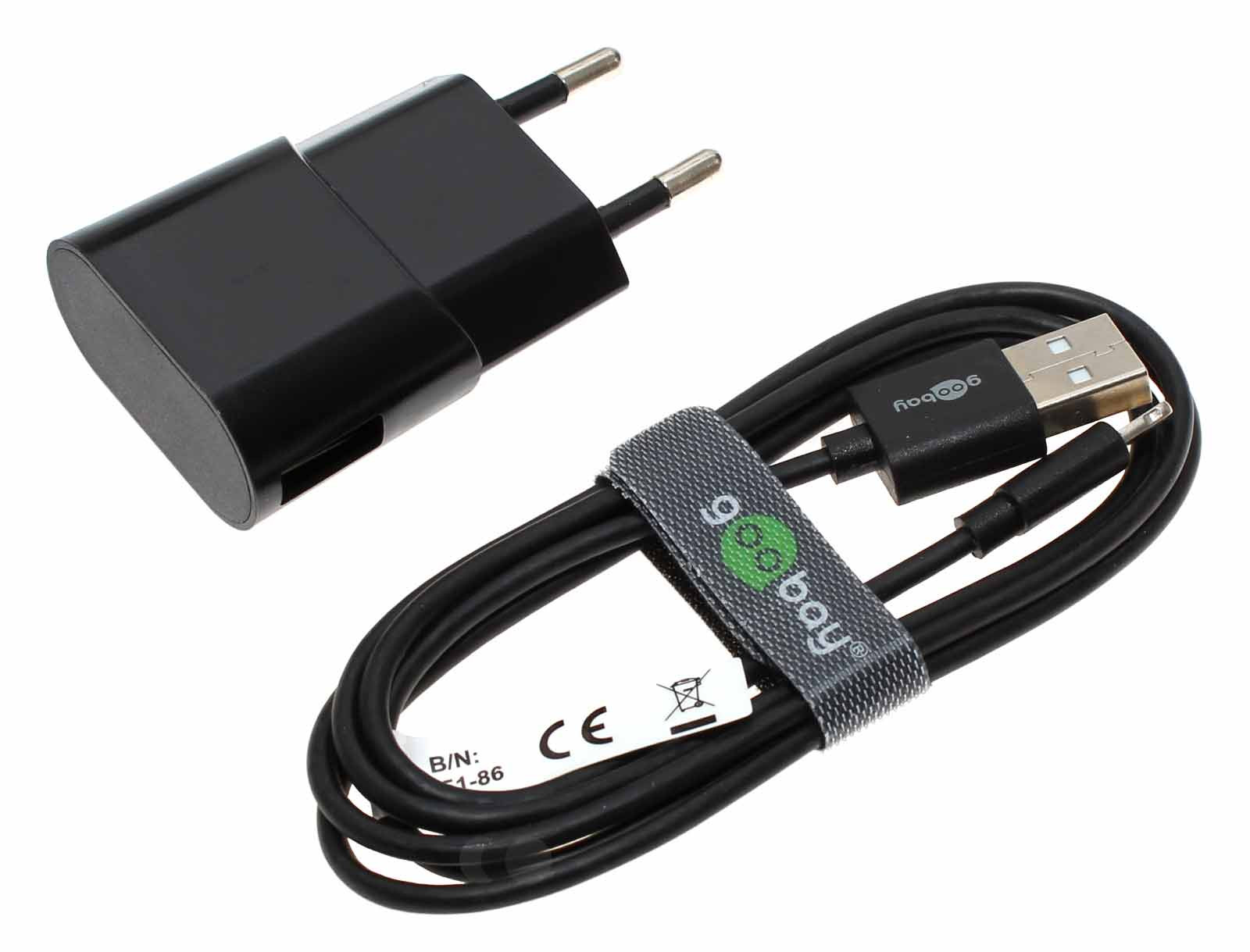 1m Apple Lightning Ladekabel mit Ladegerät Ladeset, iPhone, iPad, iPod, 1A, schwarz, goobay 45294