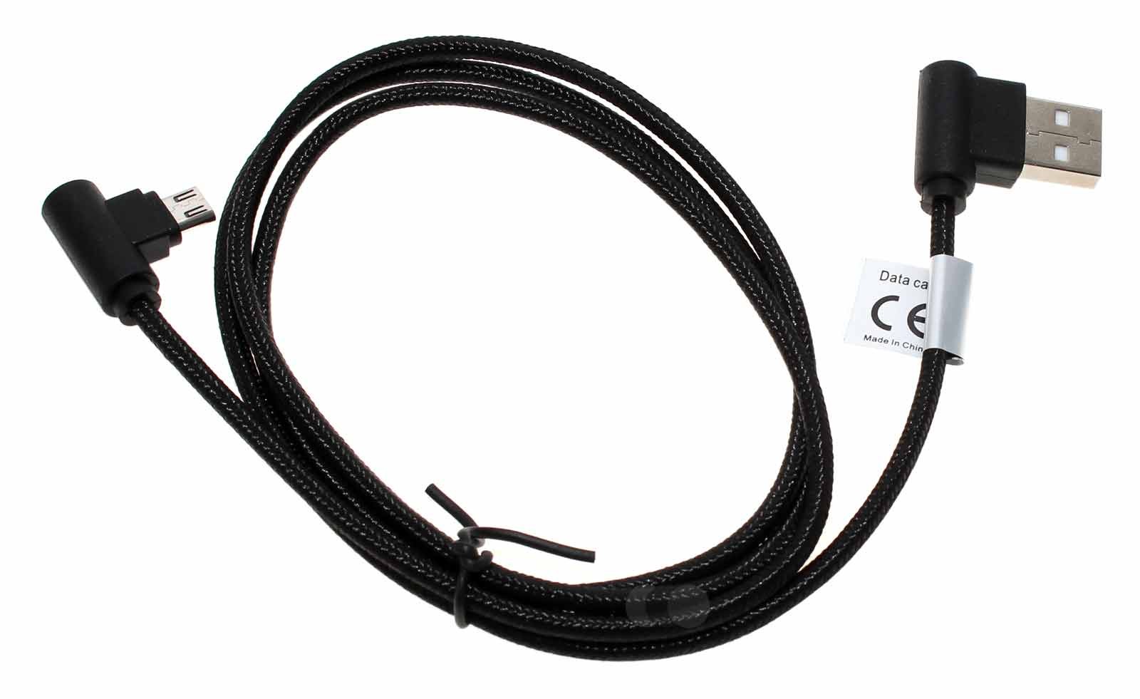 1m Micro USB 2.0 Datenkabel, Ladekabel, Nylonmantel, 90 Grad Stecker abgewinkelt, schwarz