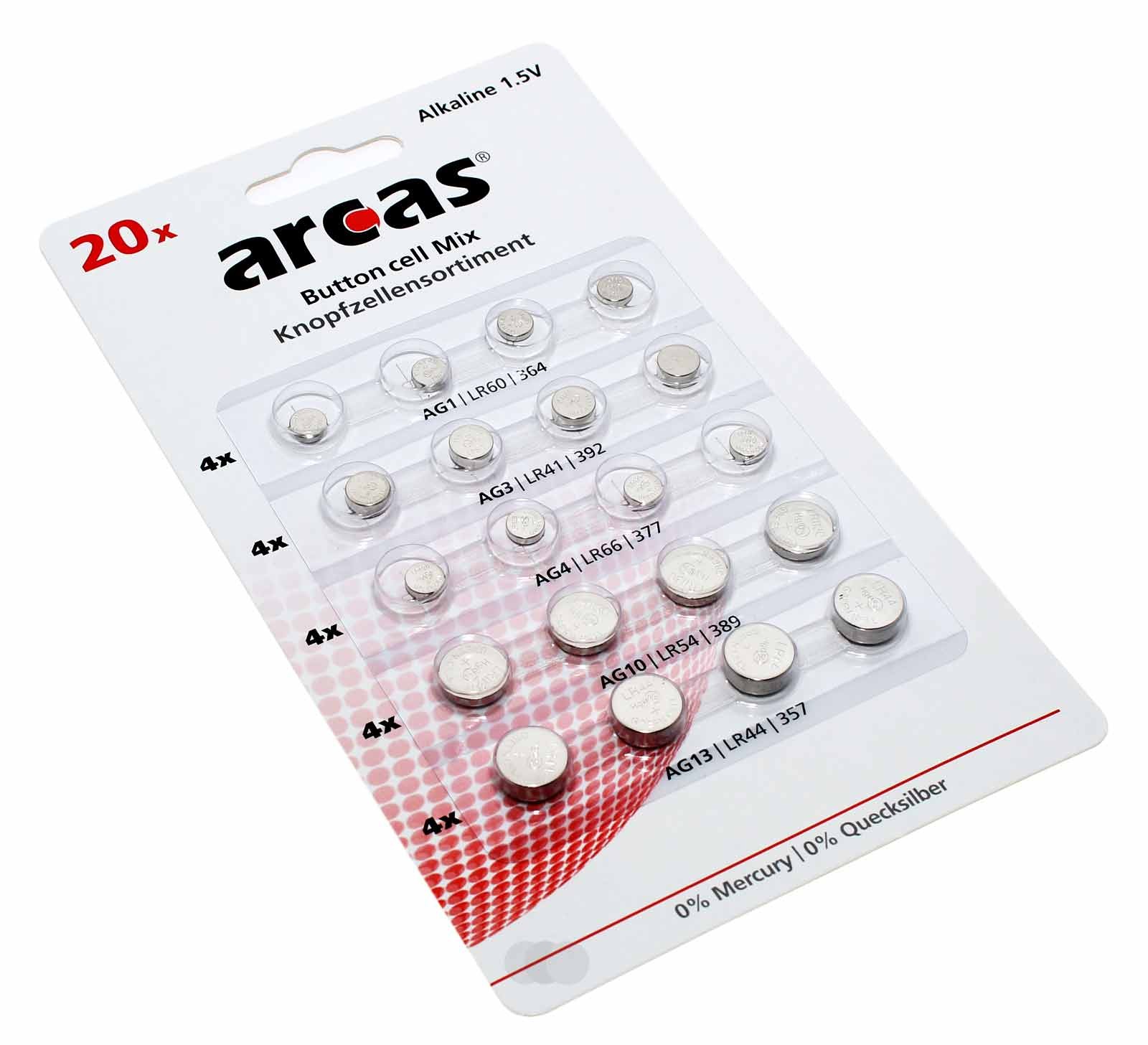 20 Stk. Arcas Knopfzellen-Set Alkaline je 4x AG1, AG3, AG4, AG10, AG13