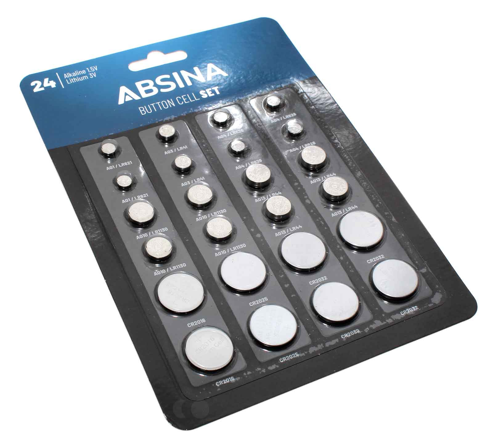 24 Stk. Absina Knopfzellen-Set mit AG1, AG3, AG4, AG10, AG13, CR2016, CR2025, CR2032, 401008