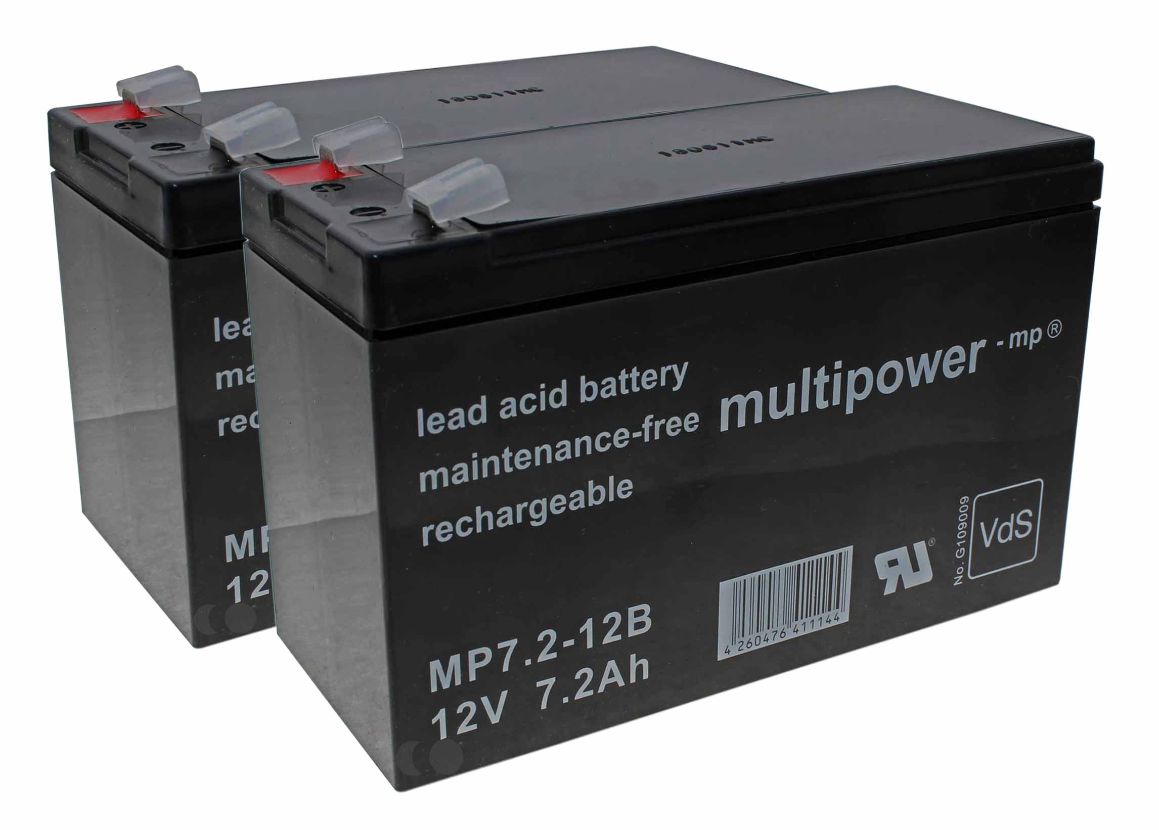 2 Ersatzakkus für MUSTEK PowerMust 2000 USB P, 12V, 7,2Ah, Blei Gel AGM, VDS Zulassung, 6,3mm Flachstecker
