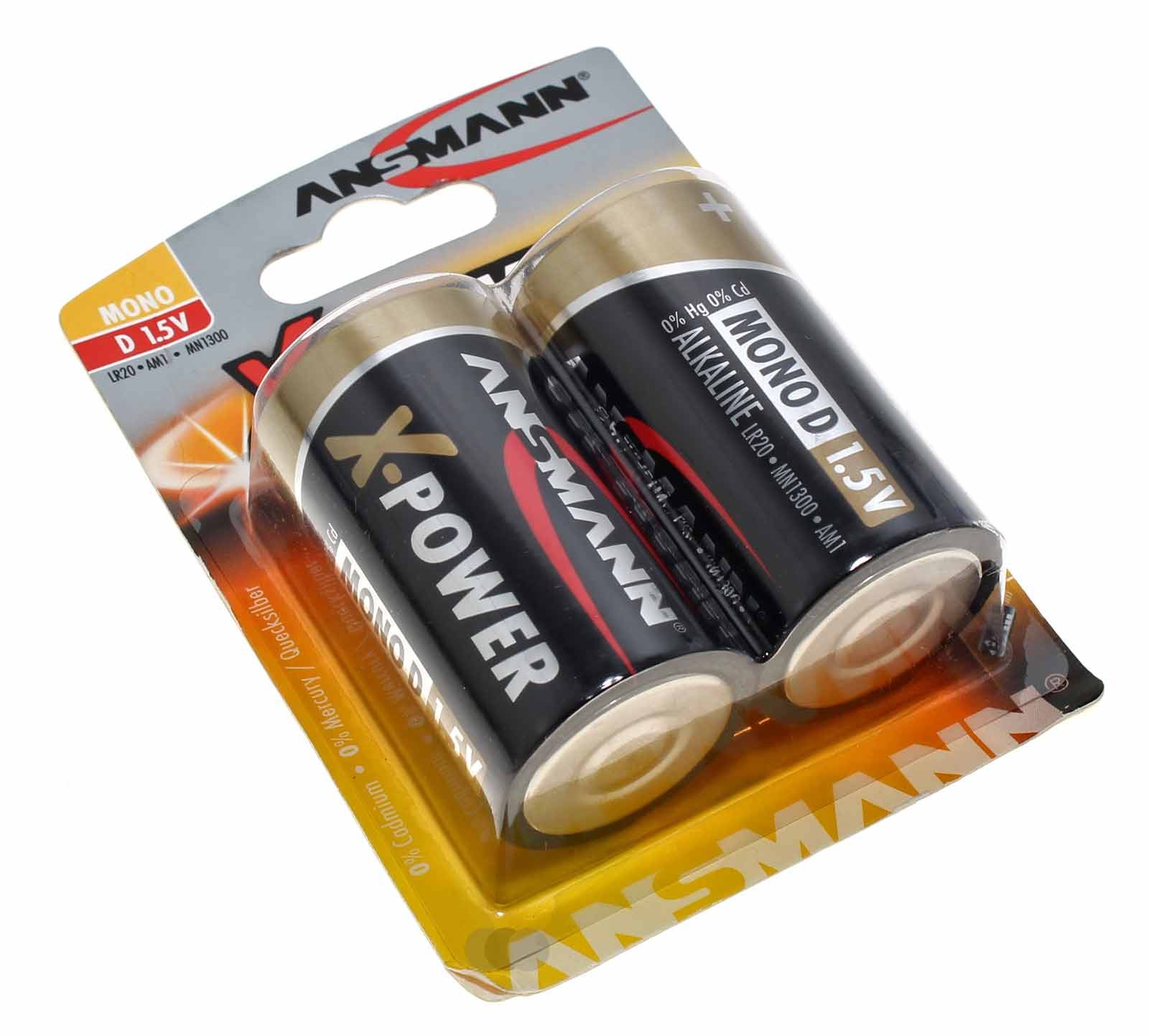 2er Pack Ansmann X-Power Alkaline Batterie Mono D (LR20) mit 1,5 Volt Spannung und 18000mAh Kapazität, Hersteller-Artikelnummer 5015633