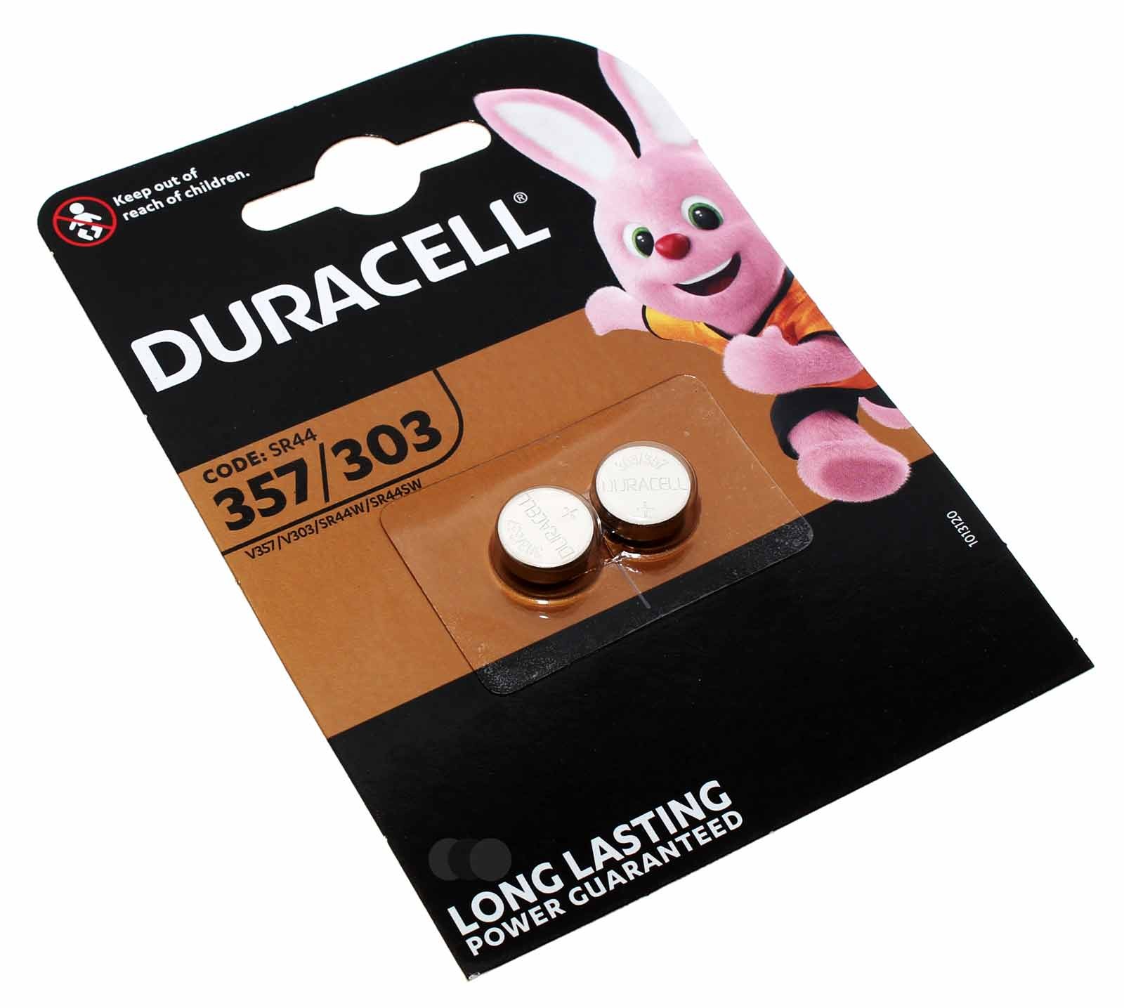 2er Pack Duracell 357 / 303 Knopfzelle Batterie Silberoxid für Uhren u.a., wie SR44, 1,55V, 190mAh