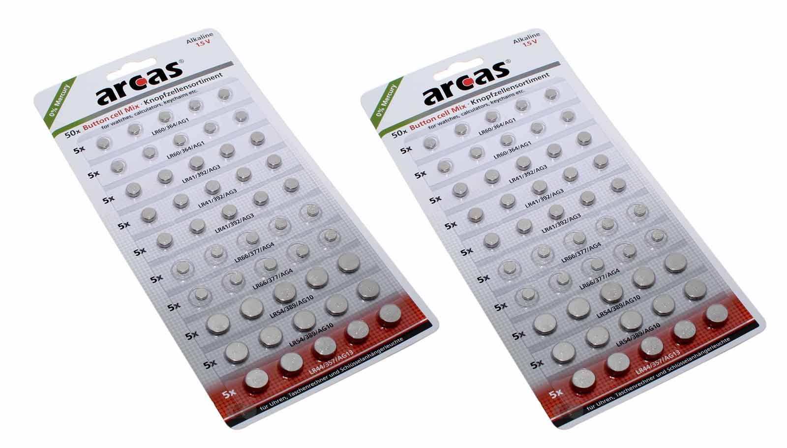 2x 50 Stück 1,5V Knopfzellen Batterien LR60, AG1, LR41, AG3, LR66, AG4, LR54, AG10, LR44, AG13 Arcas Alkaline Sortiment