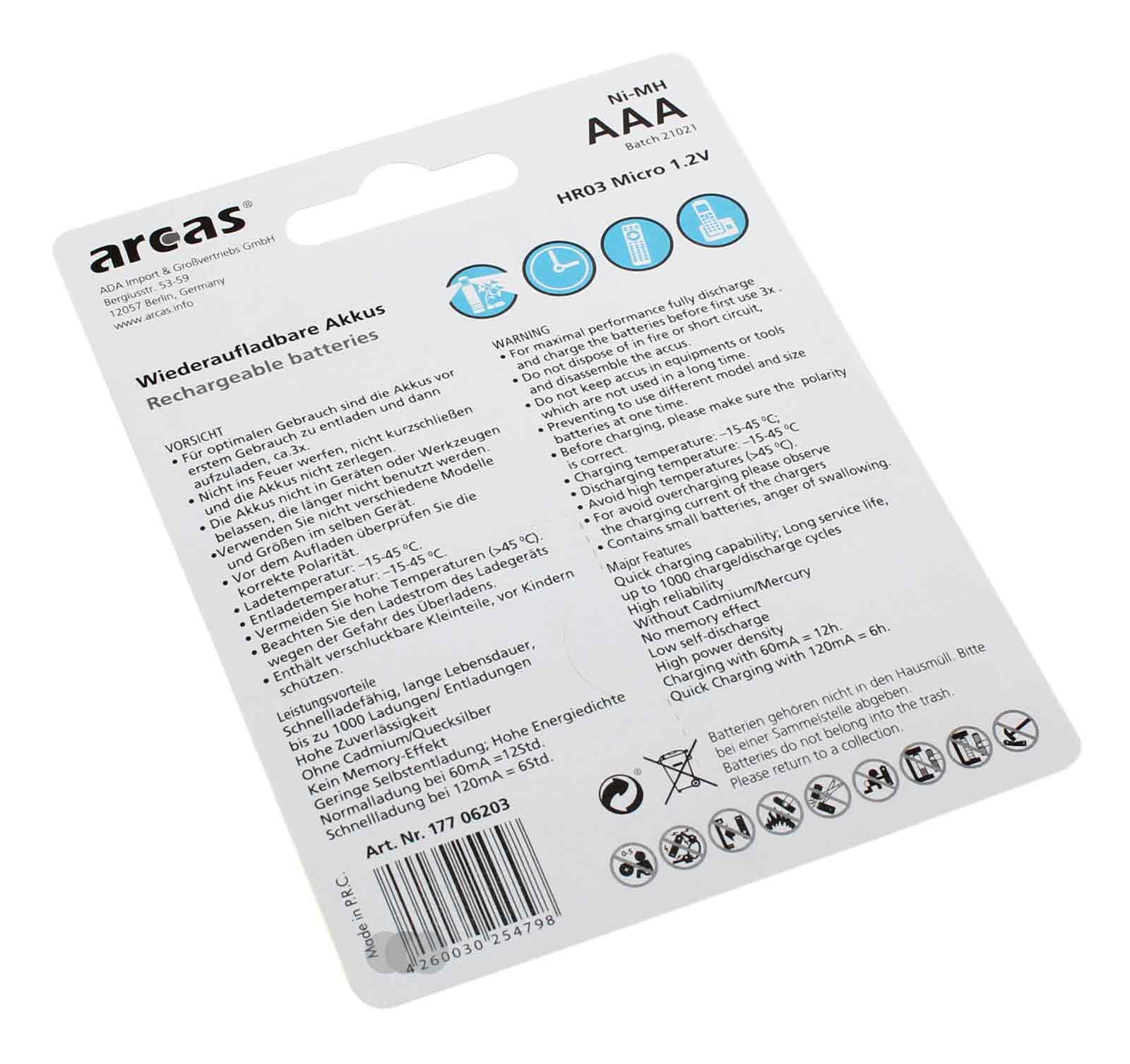 2er Packung Arcas AAA Micro HR03 Nickel-Metallhydrid Akku mit 1,2 Volt und 600mAh Kapazität, Hersteller Artikelnummer 17706203