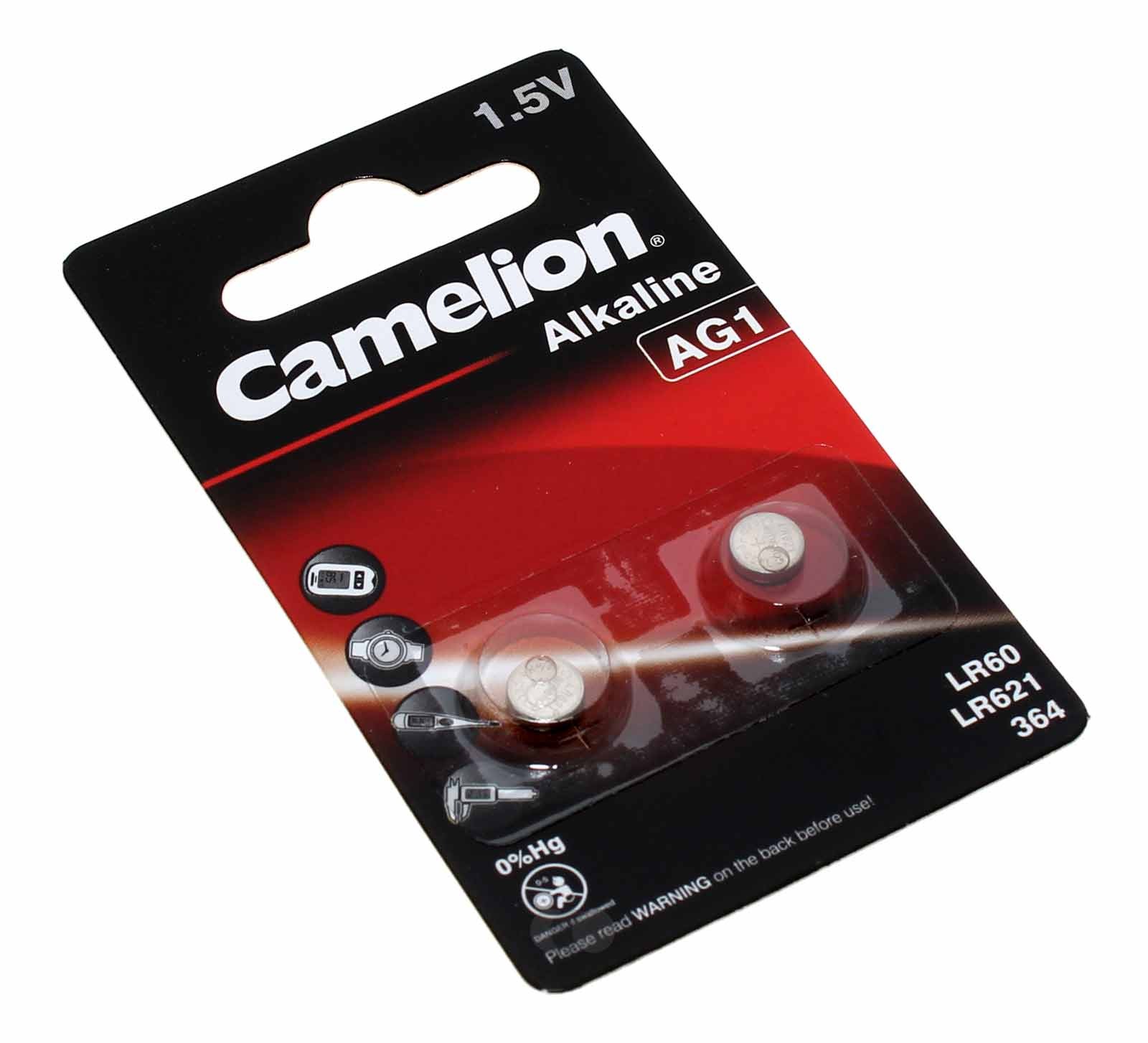 2x Camelion AG1, LR60 Knopfzelle, Batterie, 280-34, 164, 1GA, GP164, G1A, LR621, L621, SG1, SB-AG V1GA, 1,5V, 13mAh