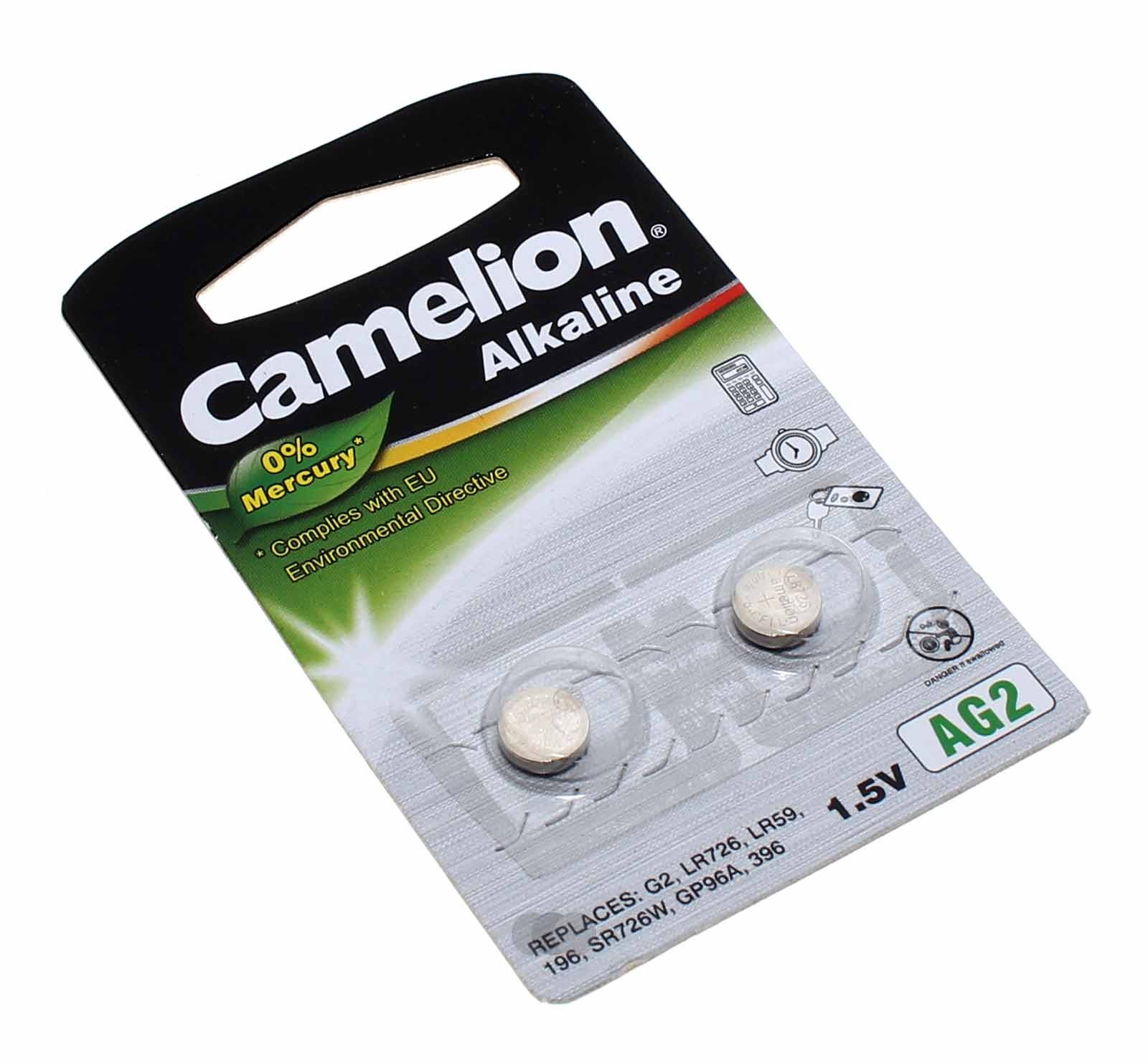2x Camelion AG2 LR59 Knopfzelle Batterie, 280-28, 196, 2GA, G2A, GP196, LR726, L726, SG2, V2GA, 1,5V, 25mAh