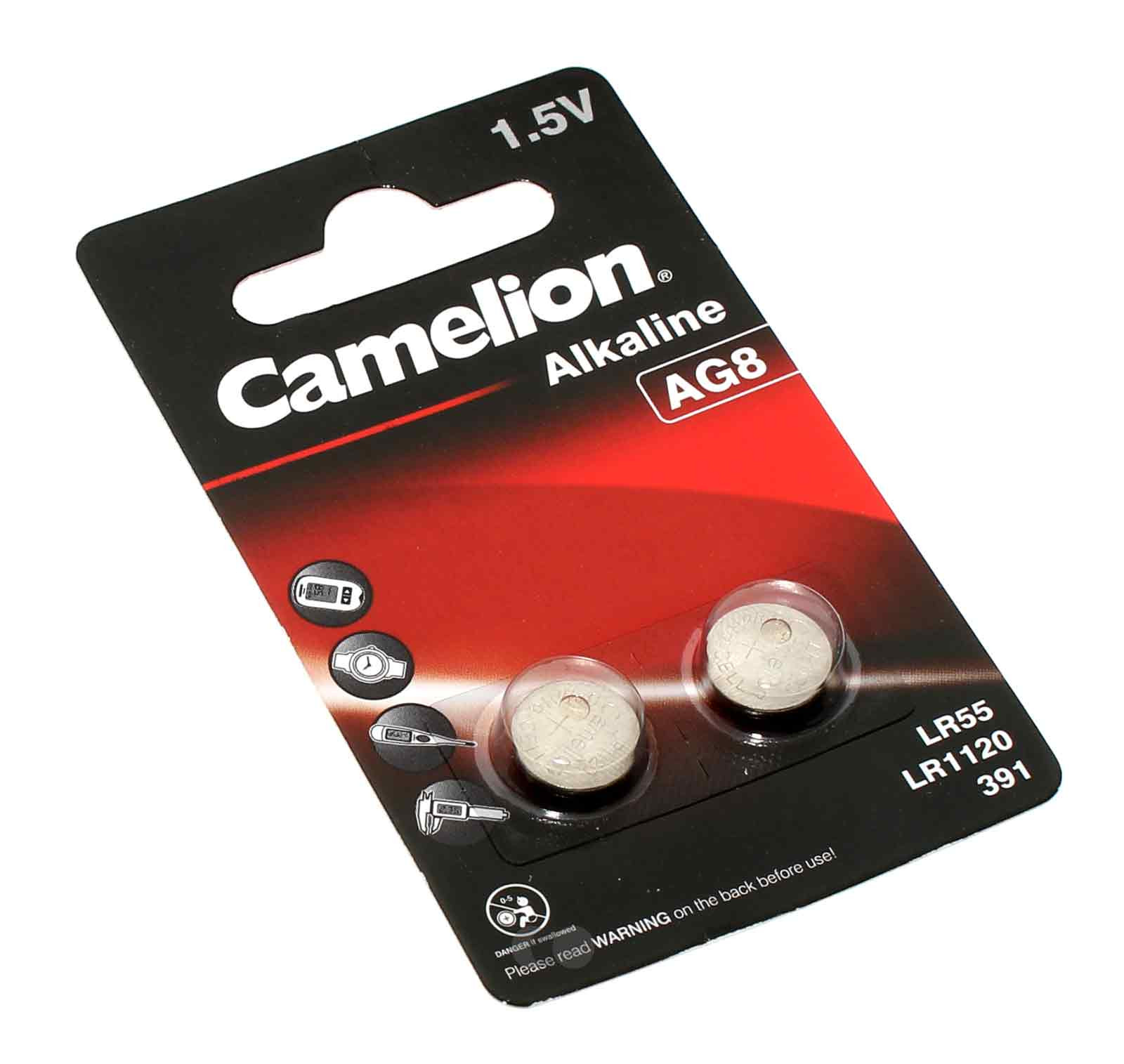 2x Camelion AG8 LR55 Alkaline Knopfzelle Batterie, G8, LR1120, 191, GP91A, SR1120W, 1,5V, 42mAh