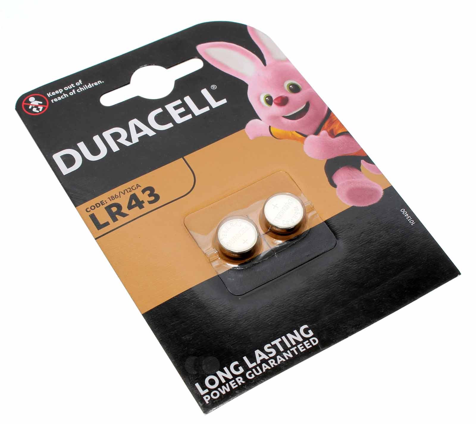 2x Duracell LR43 AG12 Alkaline Knopfzelle Batterie, 12GA, B-LR43, G12A, LR1131, 1,5V, 73mAh