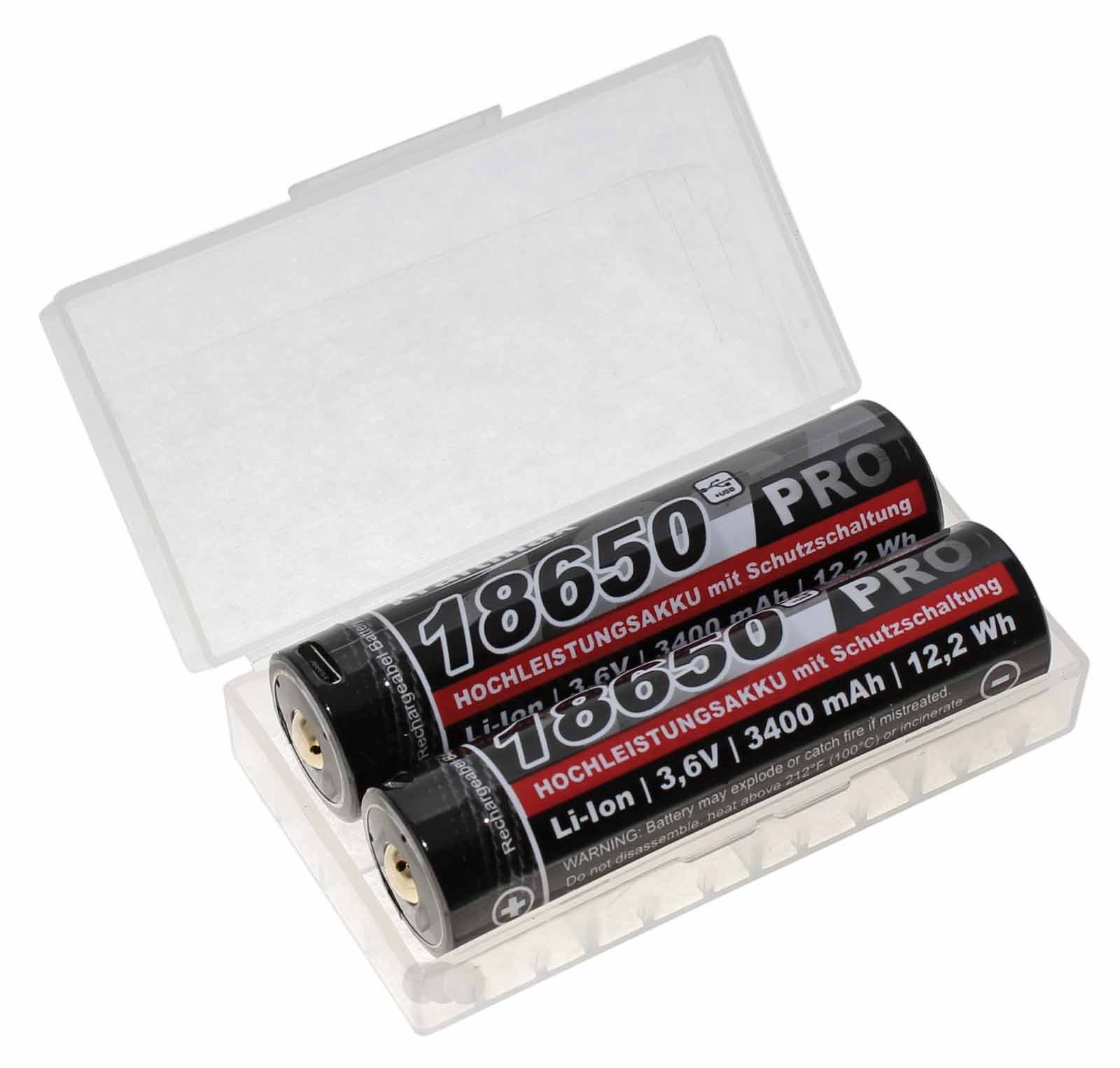 2x Kraftmax 18650 Pro | PCB Schutzschaltung | Micro-USB Ladeanschluss, Transportbox, 3,6V, 3400mAh