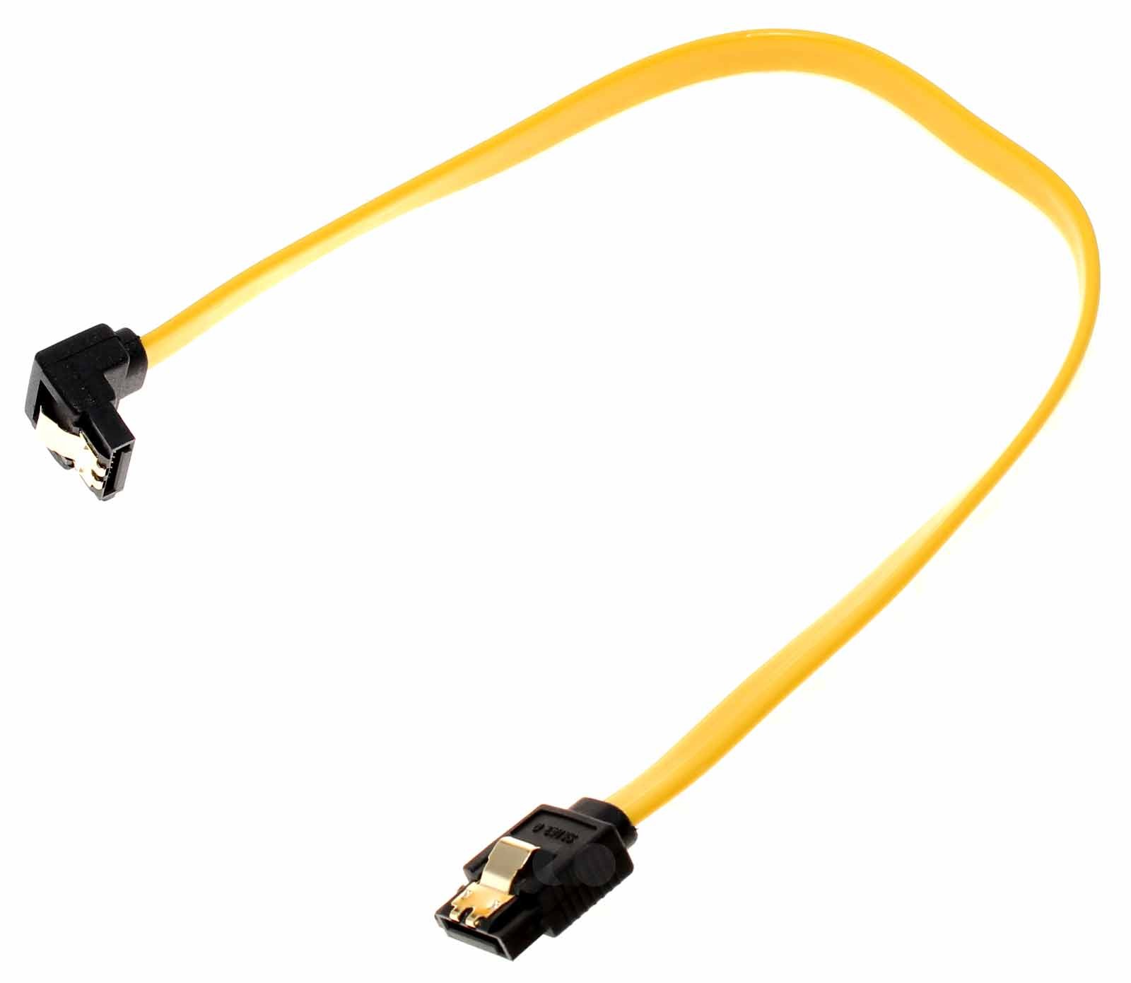 30cm SATA Kabel von DeLock mit geradem und auf unten gewinkeltem Stecker und Metall Clips in Farbe gelb. Artikelnummer 82474