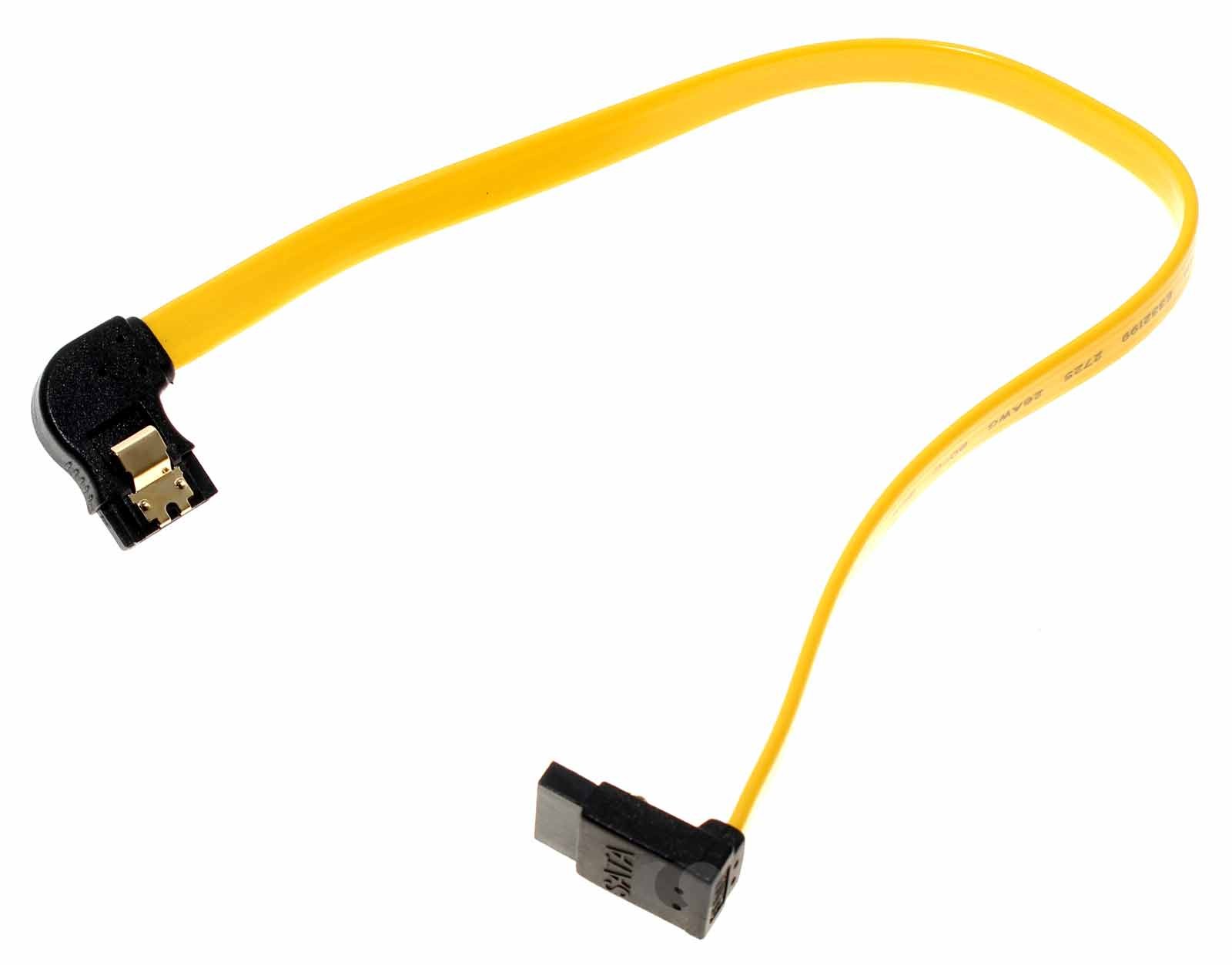 30cm SATA Kabel von DeLock mit nach oben gewinkeltem und auf rechts gewinkeltem Stecker und Metall Clips in Farbe gelb, Artikelnummer 82523