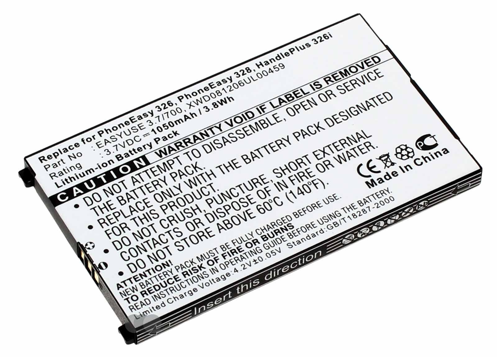 Alternativer Li-Ion Akku für Doro und ITT Seniorenhandy, Mobiltelefon mit 3,7 Volt und 1050mAh Kapazität. Ersetzt original Akku EASYUSE 3.7/700, XWD081206UL00459