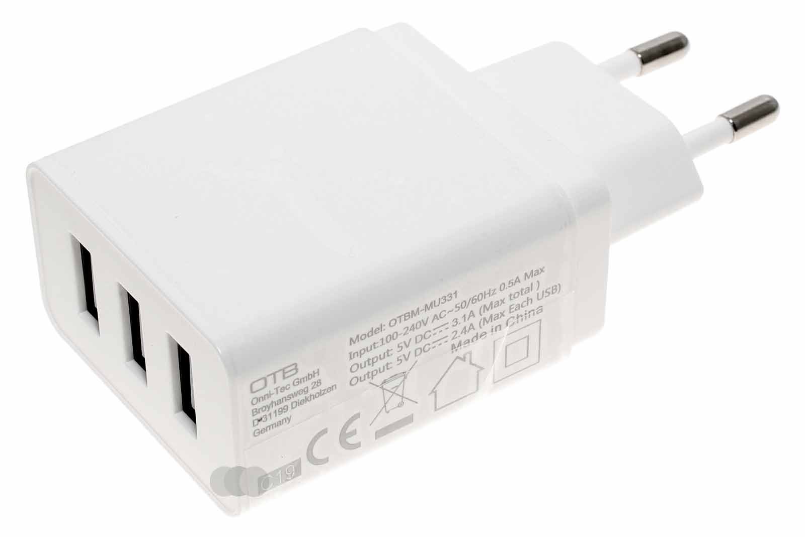 3 Port USB Ladegerät, Ladeadapter, Netzteil mit Auto-ID für Handy, Tablet, weiss, 5V, 3100mA