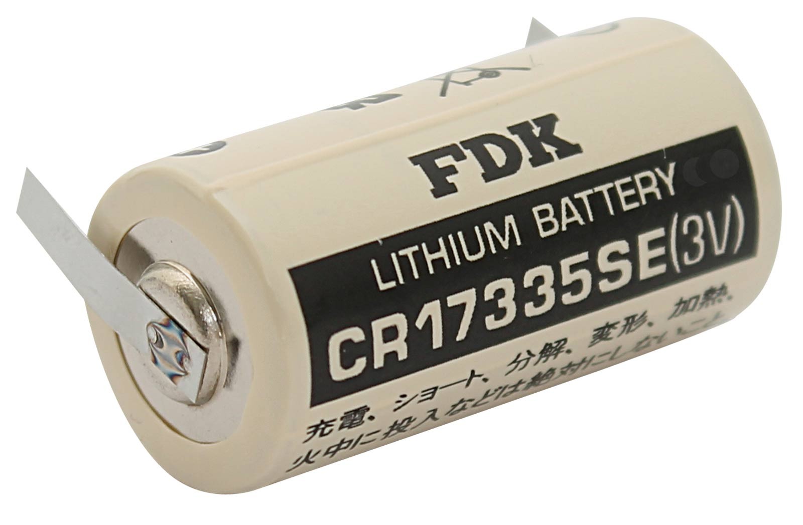 FDK (Sanyo) CR17335SE (CR17335-LFU) Lithium-Mangandioxid Batterie, Flat Top, Industriezelle, 2/3 A, U-Lötfahne mit 3 Volt und 1800 mAh Kapazität