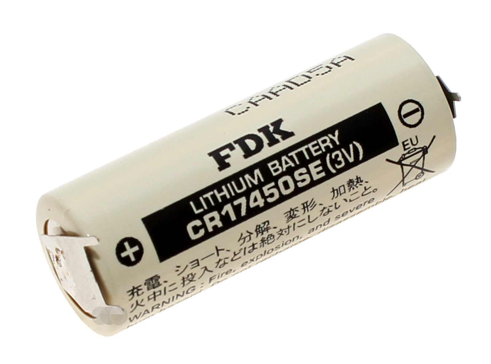 3V FDK (Sanyo) CR17450SE A Lithium Batterie, U-Lötfahne Pin Print 2/1 ++/-, 2500mAh