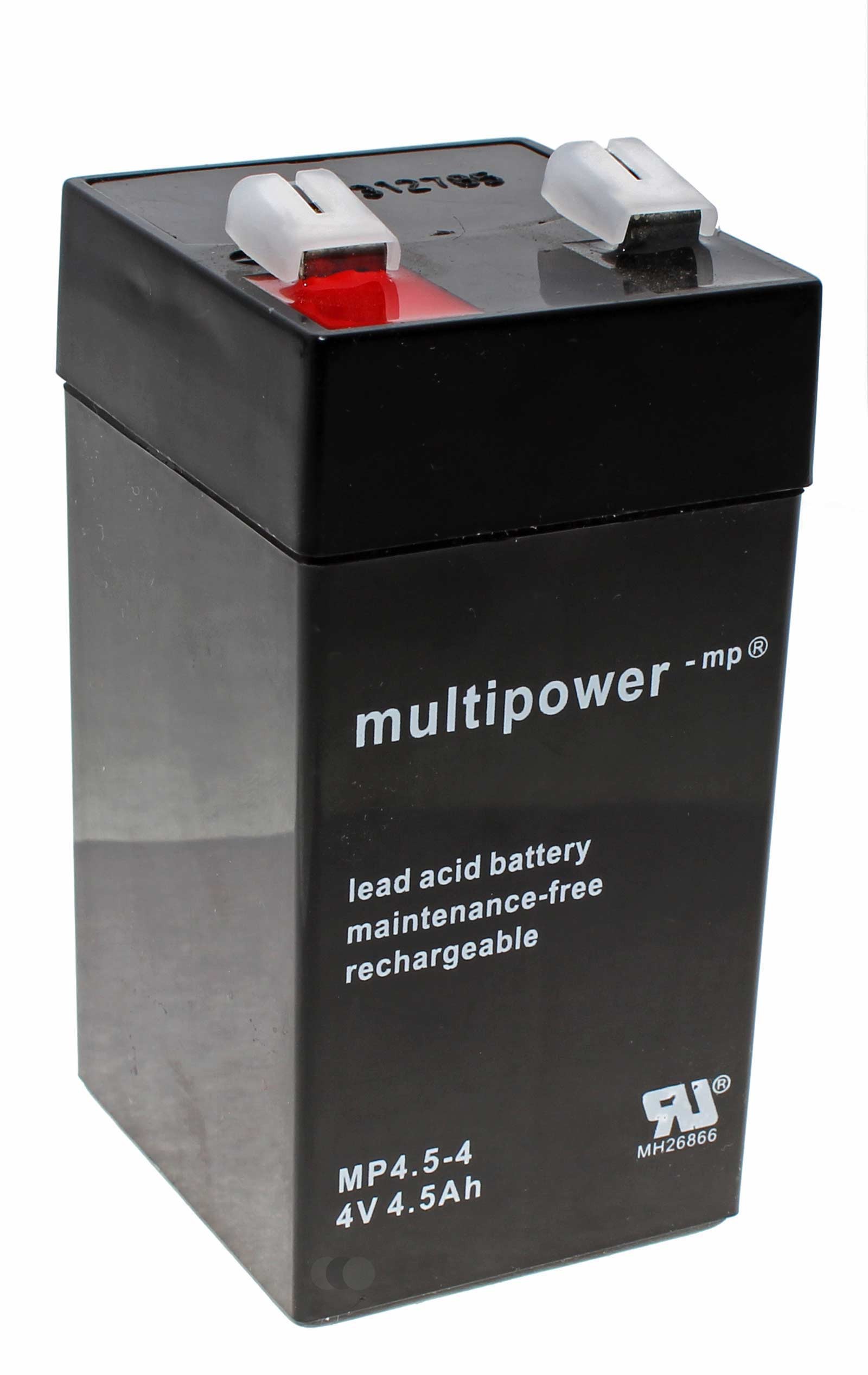 Multipower MP4.5-4 Blei Gel Akku mit 4 Volt, 4,5Ah Kapazität und 6,3mm Faston Kontakten.