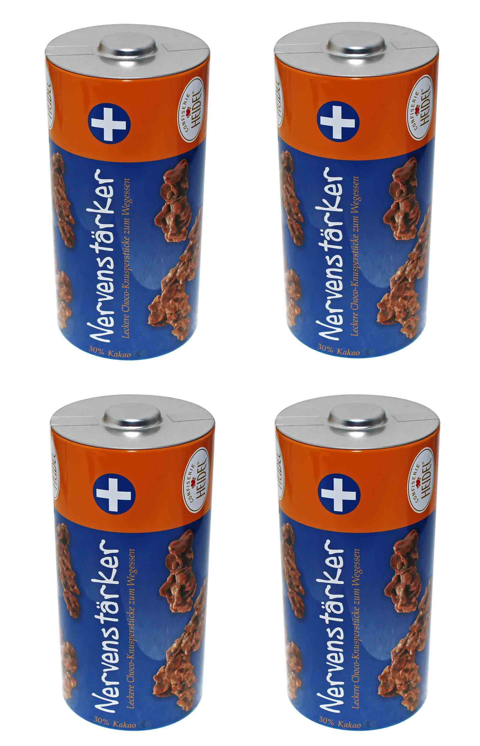 4x [14,43€/100g] 90g Heidel Nervenstärker in Batterie-Form Knusperpralinen mit Vollmilchschokolade, Schokoreis und Cornflakes, Metalldose Akku-Form