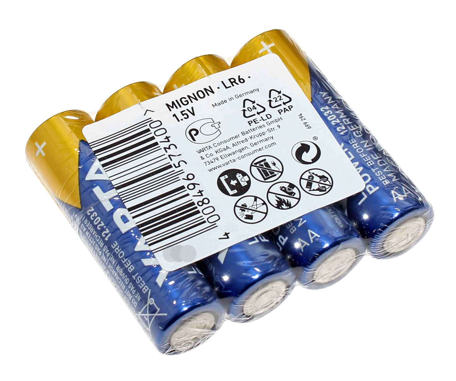 4x Varta LONGLIFE Power AA Mignon Alkaline Batterien, LR6, AM3, MN1500, E91, 1,5V