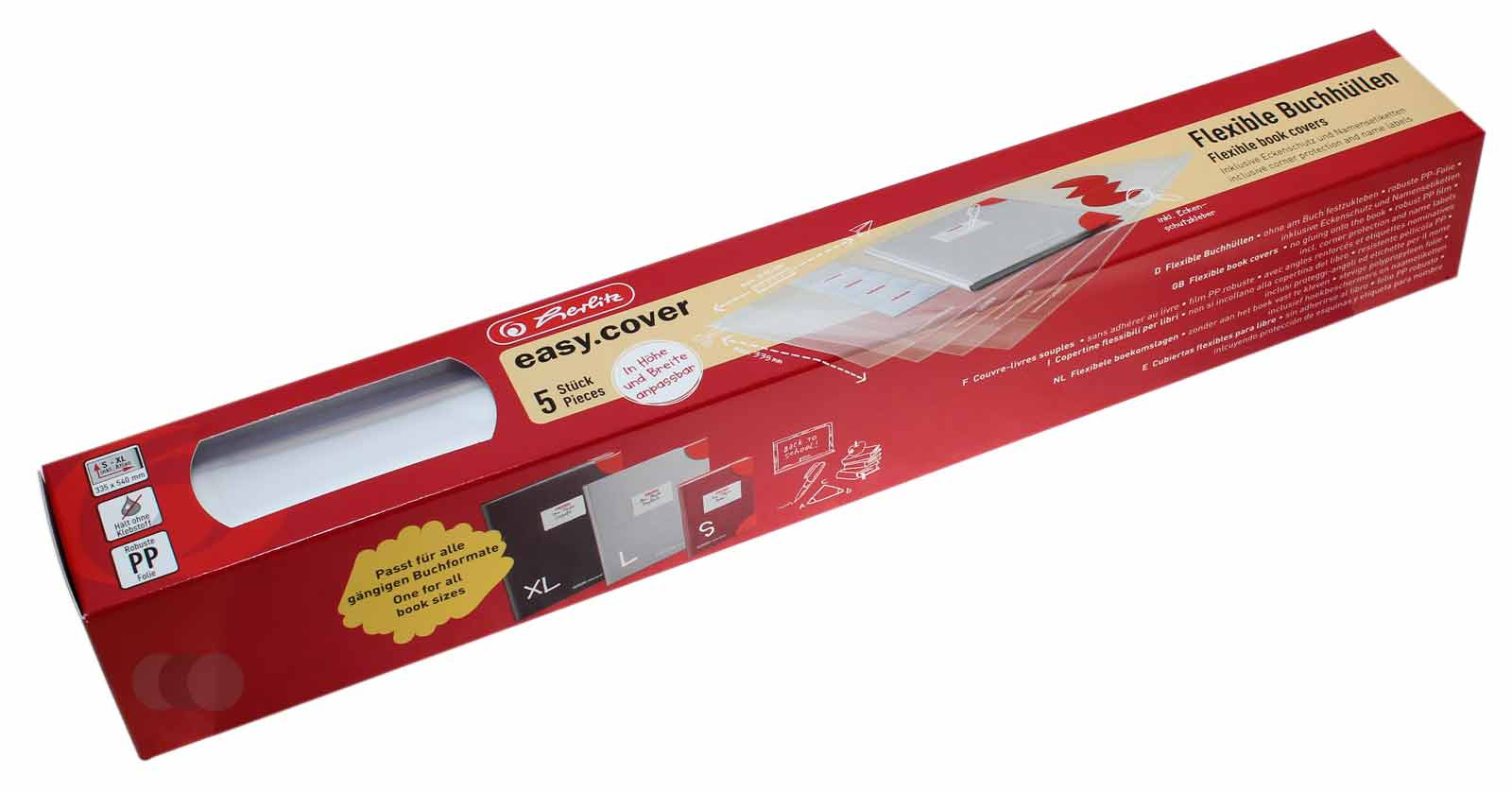 5 Stück Herlitz easy cover Buchumschläge, Buchhüllen mit Namensetiketten flexibel anpassbar | 50014743