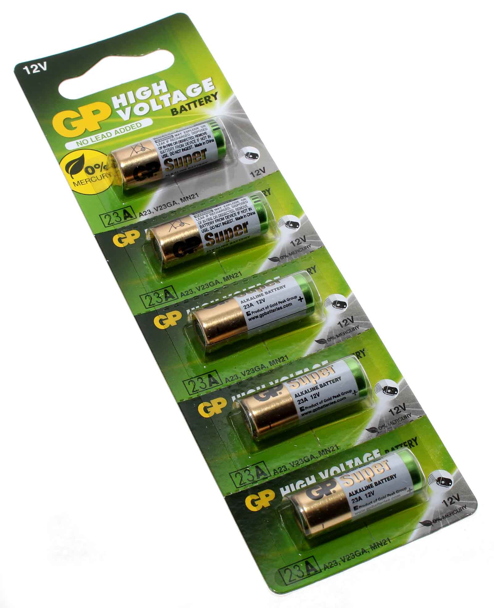 5er Blister GP 12V 23A Alkaline Trockenbatterie auch bekannt unter den Bezeichnungen: LR23A, LRV08, MN21, 23A, A23, V23PX, V23GA, L1028, LRV08, G23A, E23A und V23A