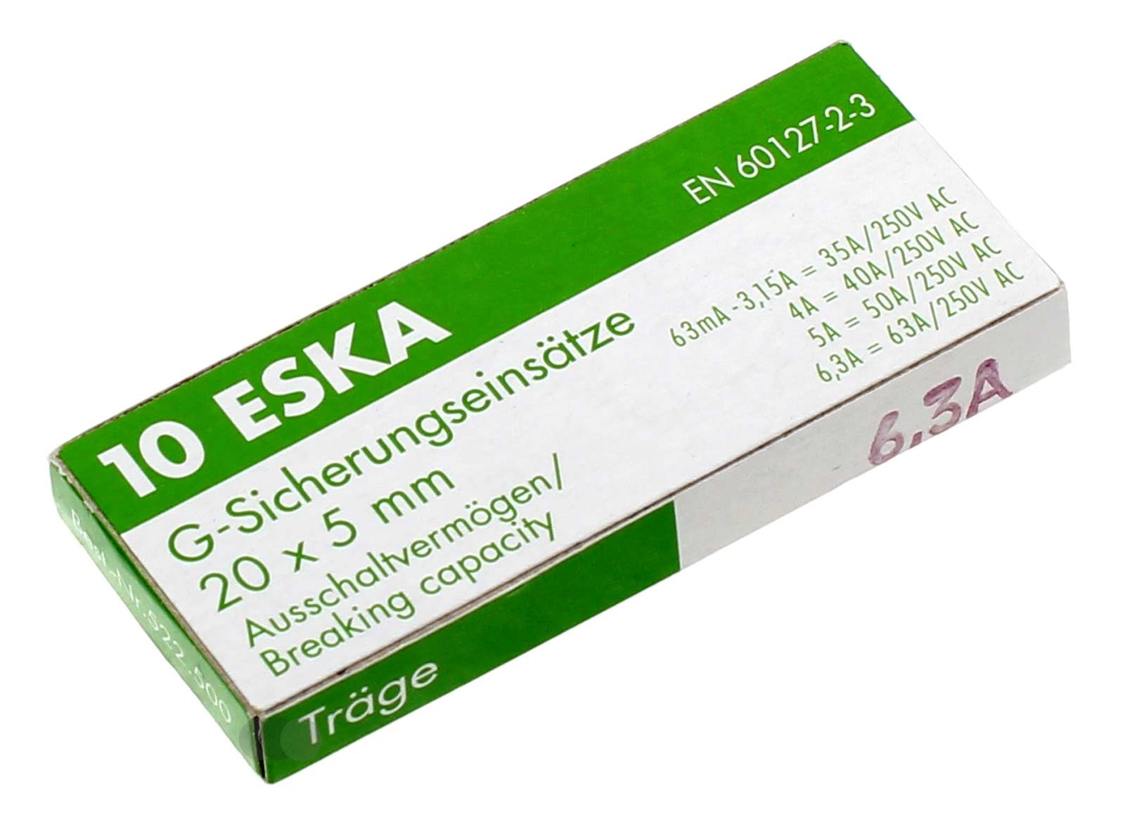 10 Stück Sicherung Eska G-Sicherungseinsätze 20x5mm, 6,3A, träge, EN 60127-2-3, T6,3L250V, 522.500