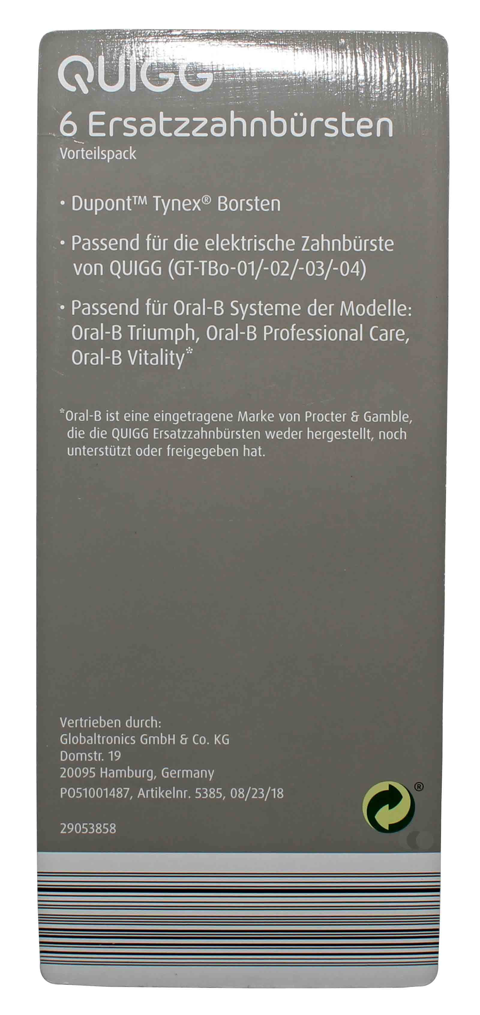 6 Ersatzzahnbürsten Quigg GT-TBH-02 für elektrische Zahnbürste GT-TBo-01 - 04, schwarz