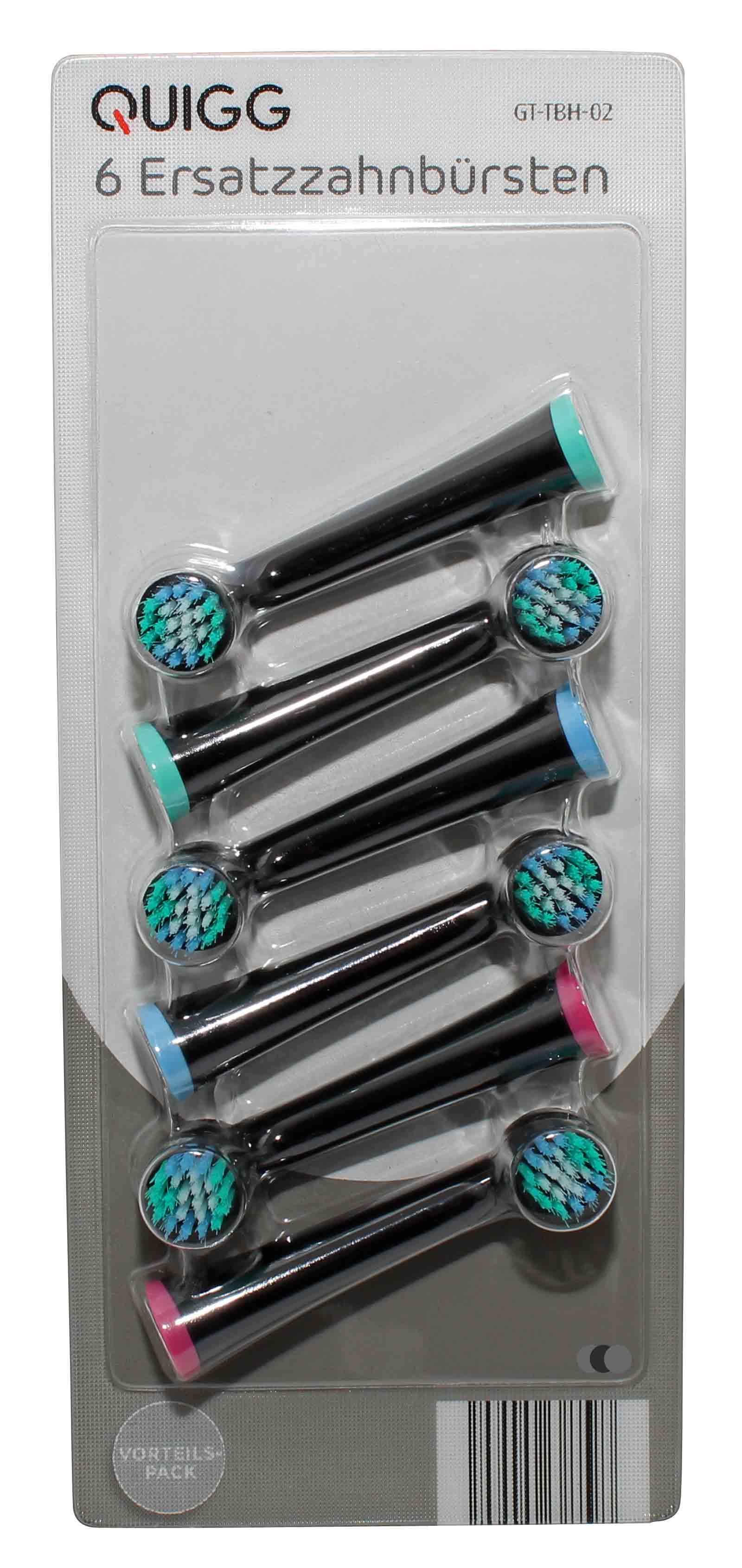 6 Ersatzzahnbürsten Vorteilspack Quigg GT-TBH-02 (29053858) in Farbe schwarz mit praktischen Farb-Ringen