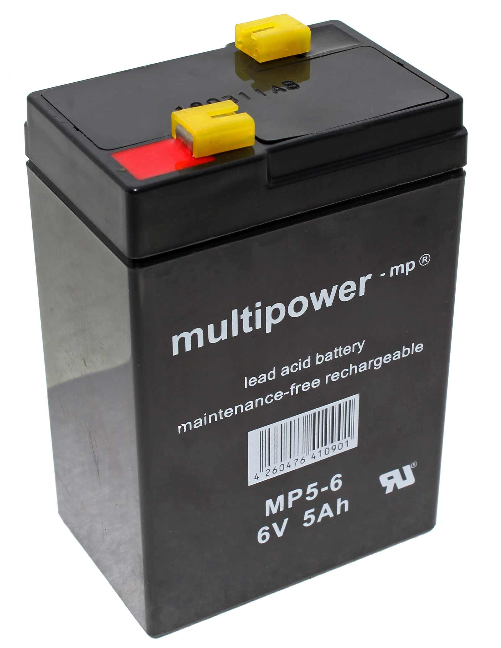 Multipower MP5-6 Blei Gel Akku mit 6 Volt, 5Ah Kapazität und 4,8mm Faston Kontakten