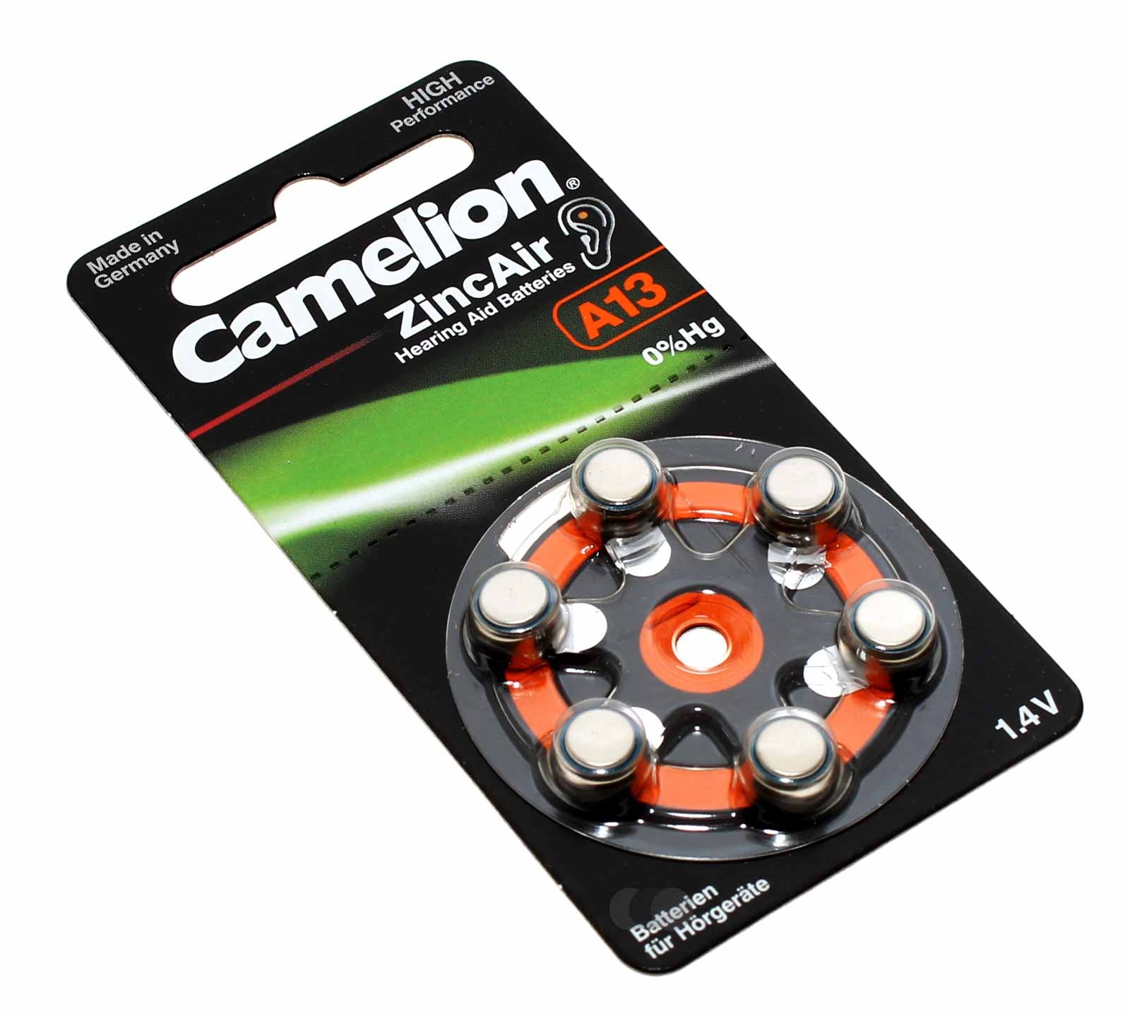 6er Pack Camelion Knopfzelle, Batterie A13, PR48, A13-BP6, für Hörgeräte, 1,4V, 280mAh, 13HPX, R13ZA, L13ZA, ME8Z, ME13Z, AC13, B0134, PR13, 13HP