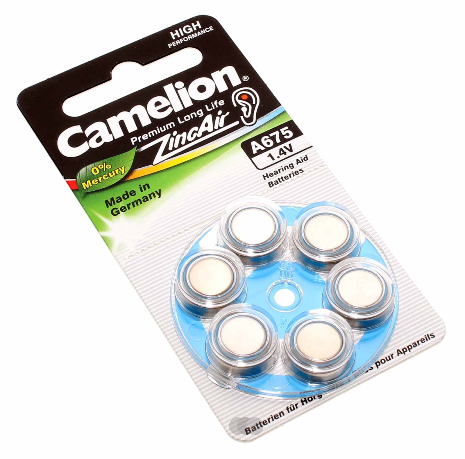 Camelion Knopfzelle (Batterie) A675, PR41, [A675-BP6], für Hörgeräte, hearing aid,  appareils auditifs, Zink-Luft mit 1,4V und 620mAh im 6er Pack