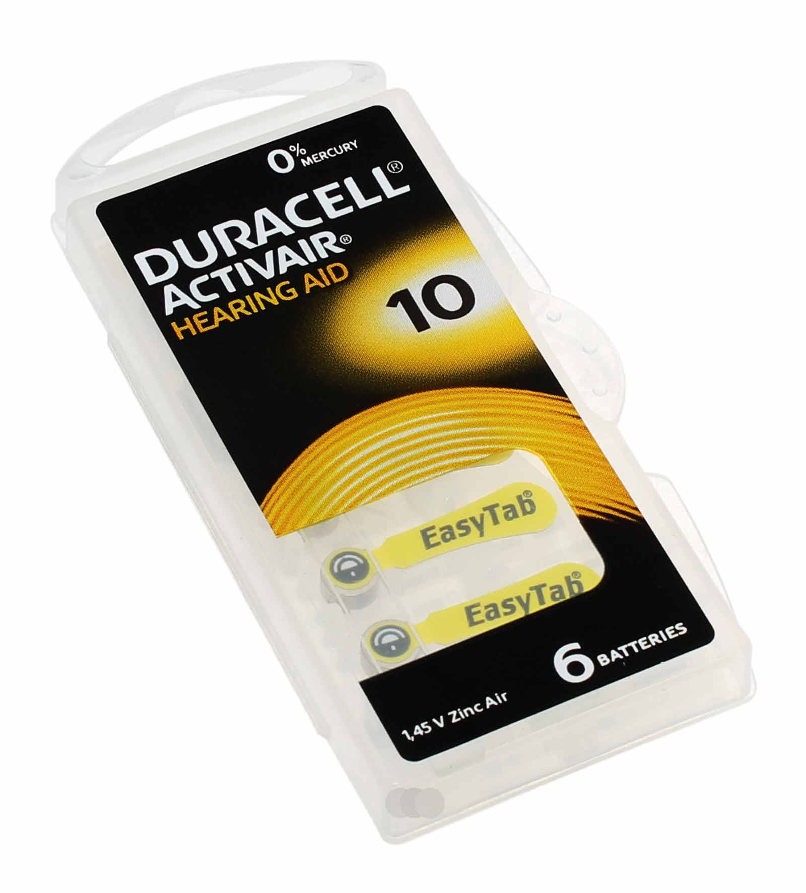 6 Stück Duracell Hörgerätebatterie 10 / PR70 mit 1,45 Volt Spannung und 105mAh Kapazität