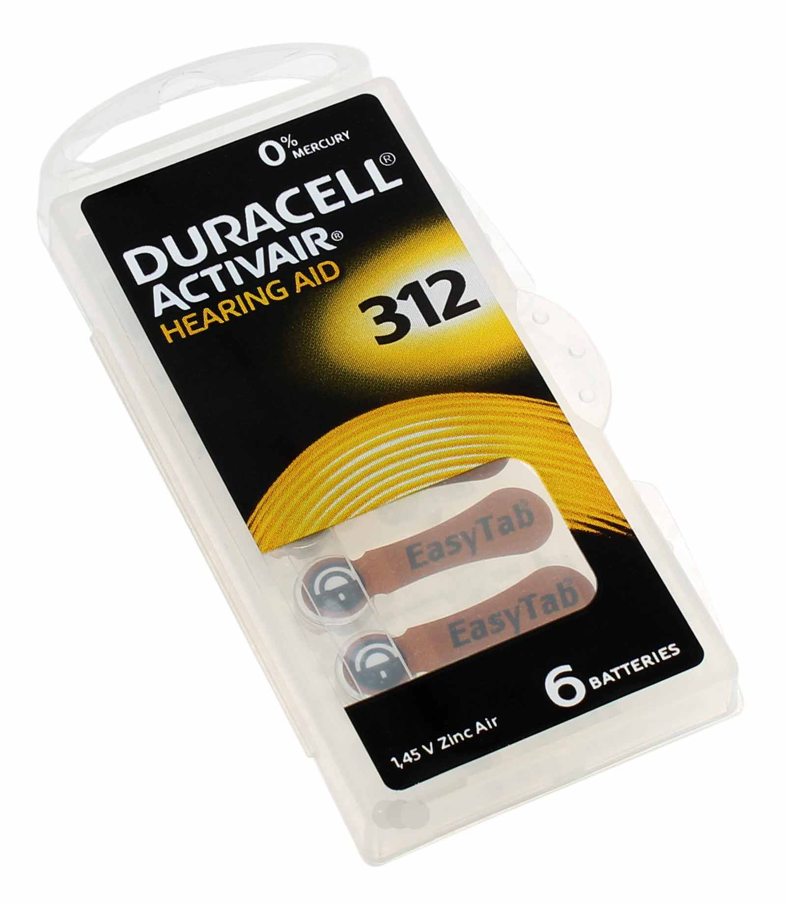 6 Stück Duracell Hörgerätebatterie 312 / PR41 mit 1,45 Volt Spannung und 180mAh Kapazität